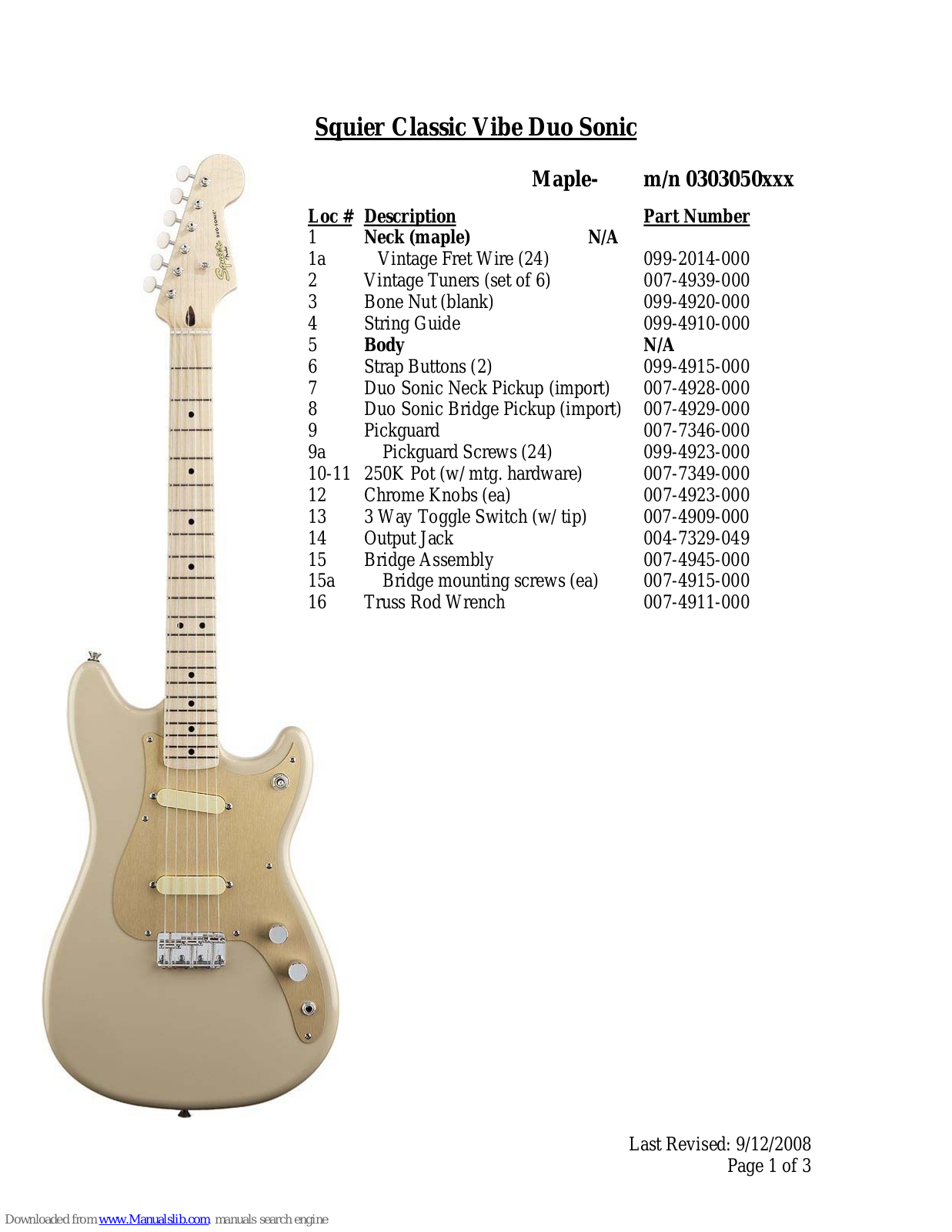 Squier Classic Vibe 50s Duo Sonic, Classic Vibe Duo Sonic Specifications - ManualMachine.com