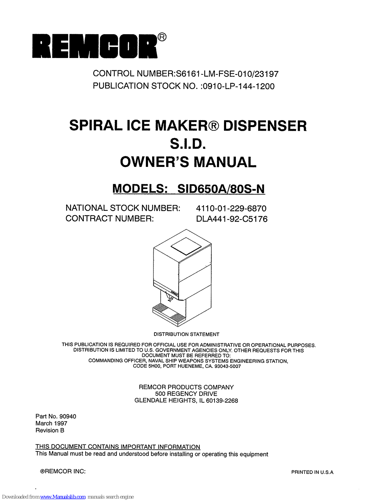 Remcor Spiral Ice Macker SID650A, SID-80S-N Owner's Manual