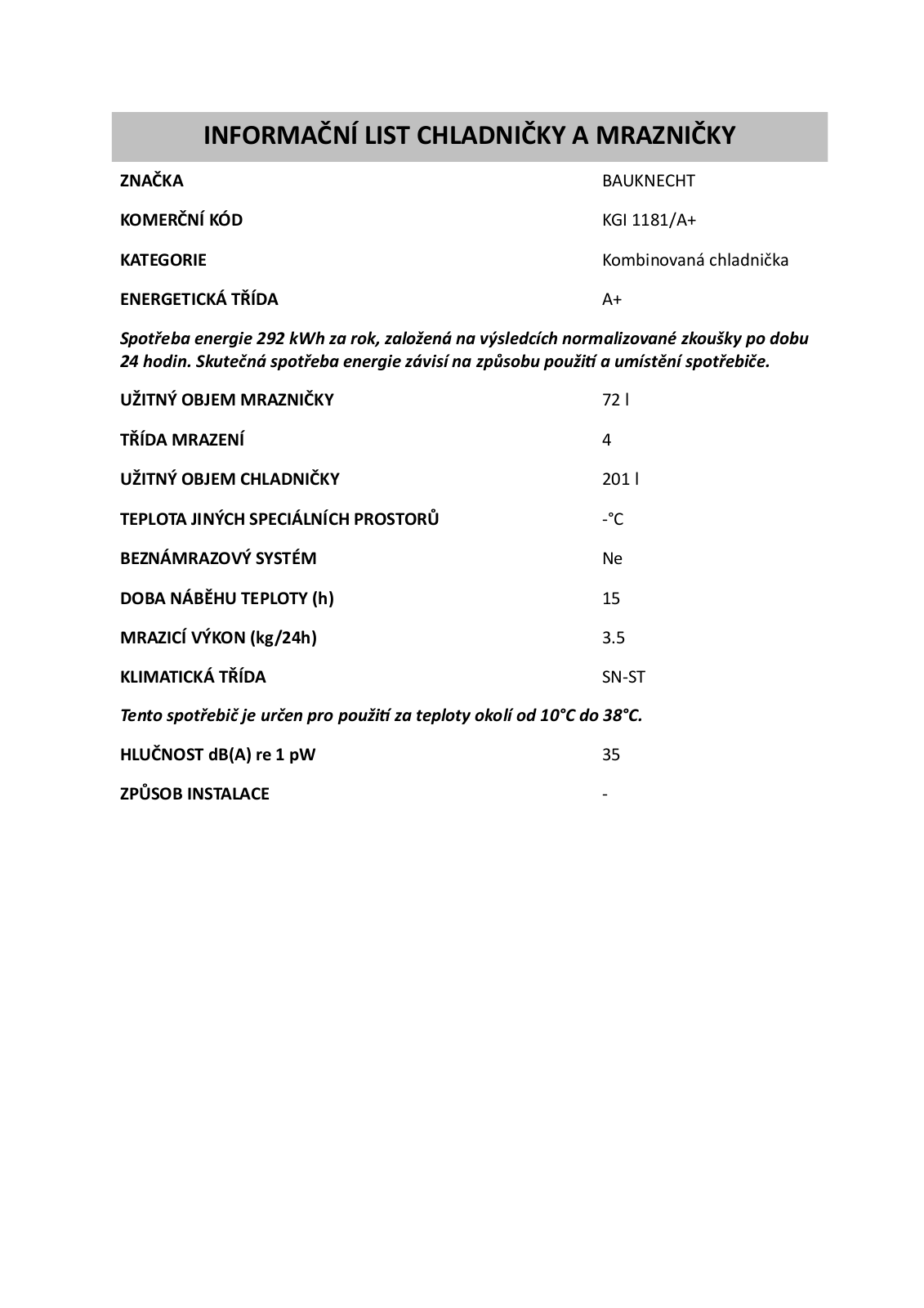 Bauknecht KGI 1181/A+ User Manual