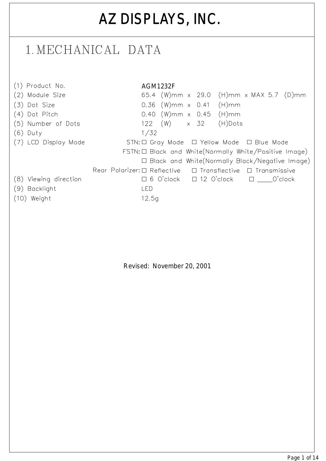 AZDIS AGM1232F-RLYTW-T, AGM1232F-RLYTS-T, AGM1232F-RLYTH-T, AGM1232F-RLYBW-T, AGM1232F-RLYBS-T Datasheet