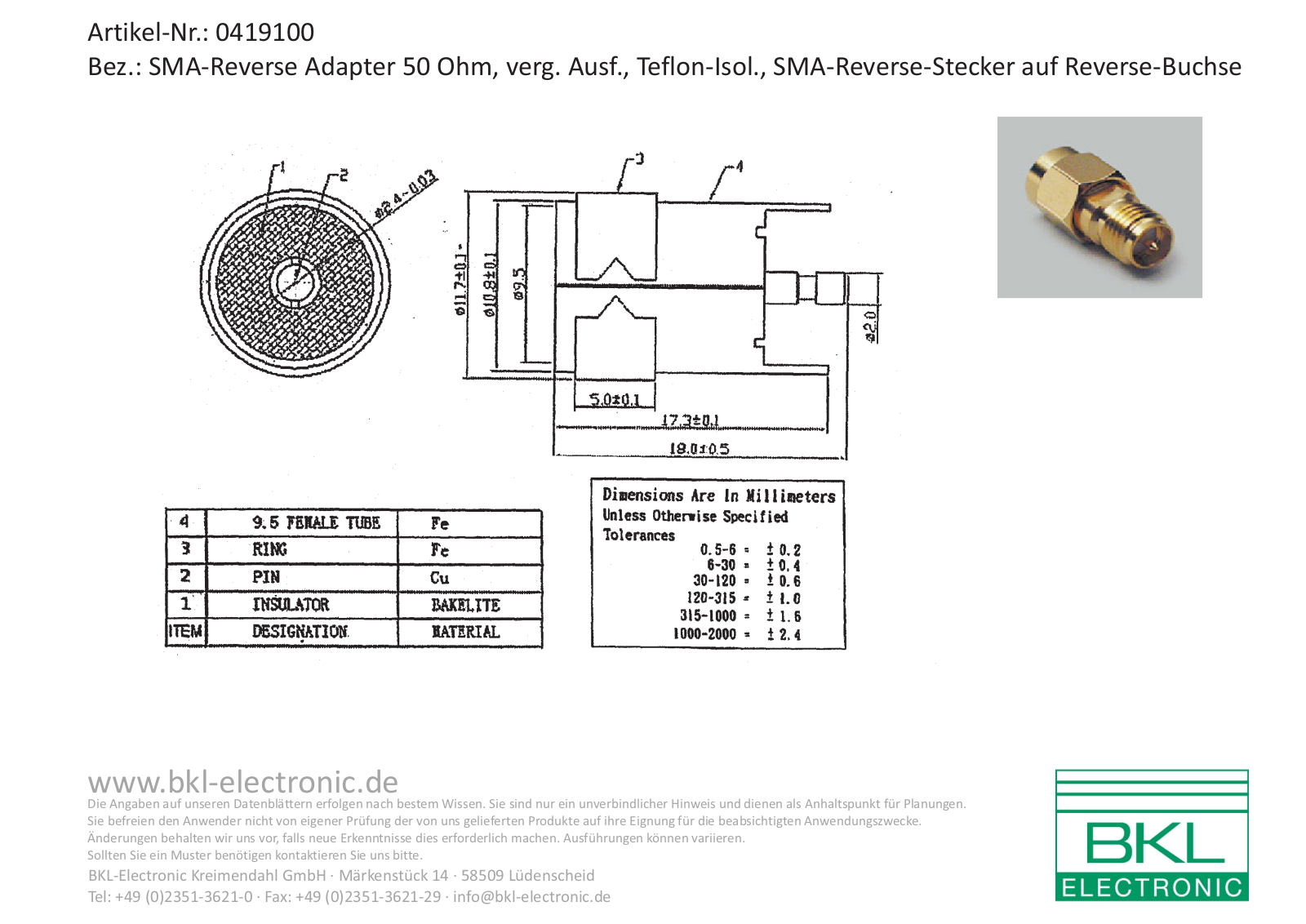 BKL SMA REV ST-BU Datasheet - ManualMachine.com