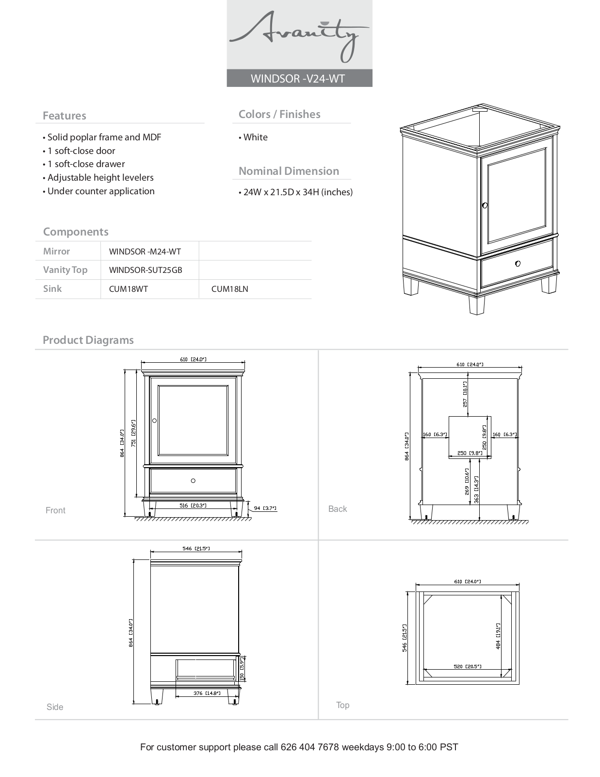 Avanity WINDSORVS24WTC Specifications