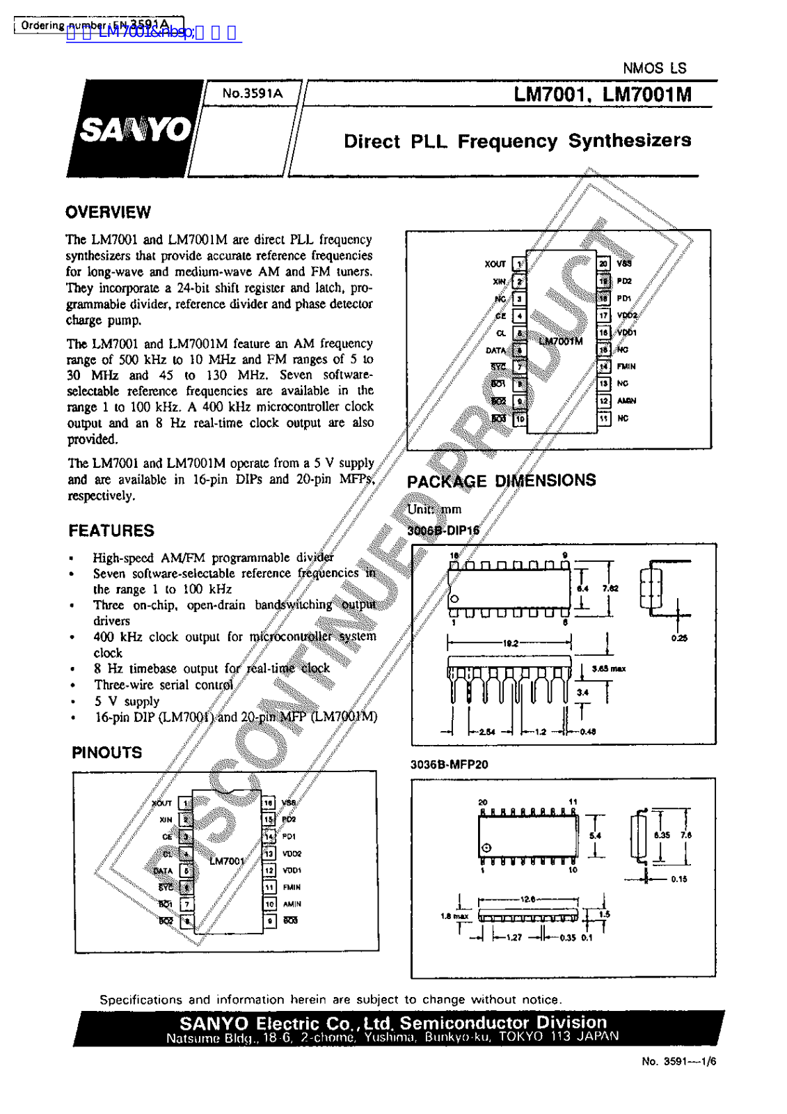 SANYO LM7001, LM7001M Technical data