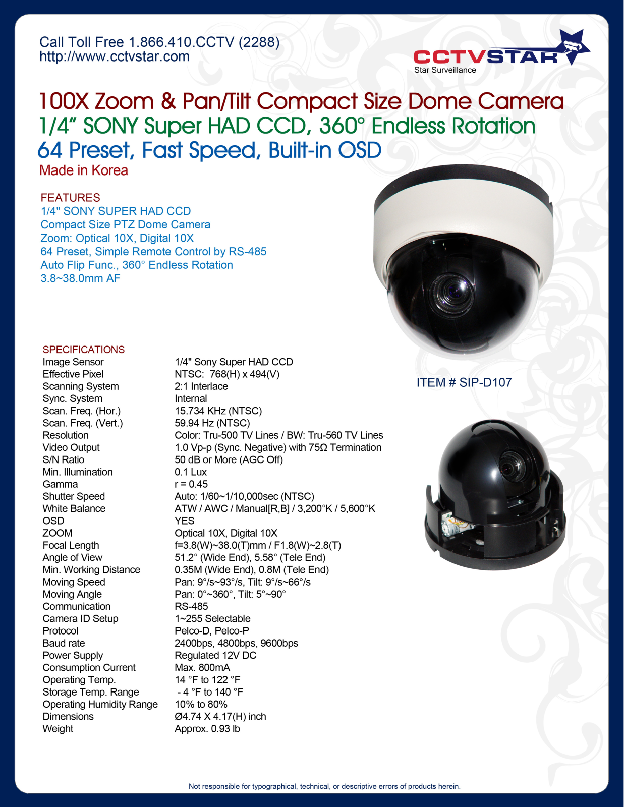 CCTV Star SIP-D107 Specsheet