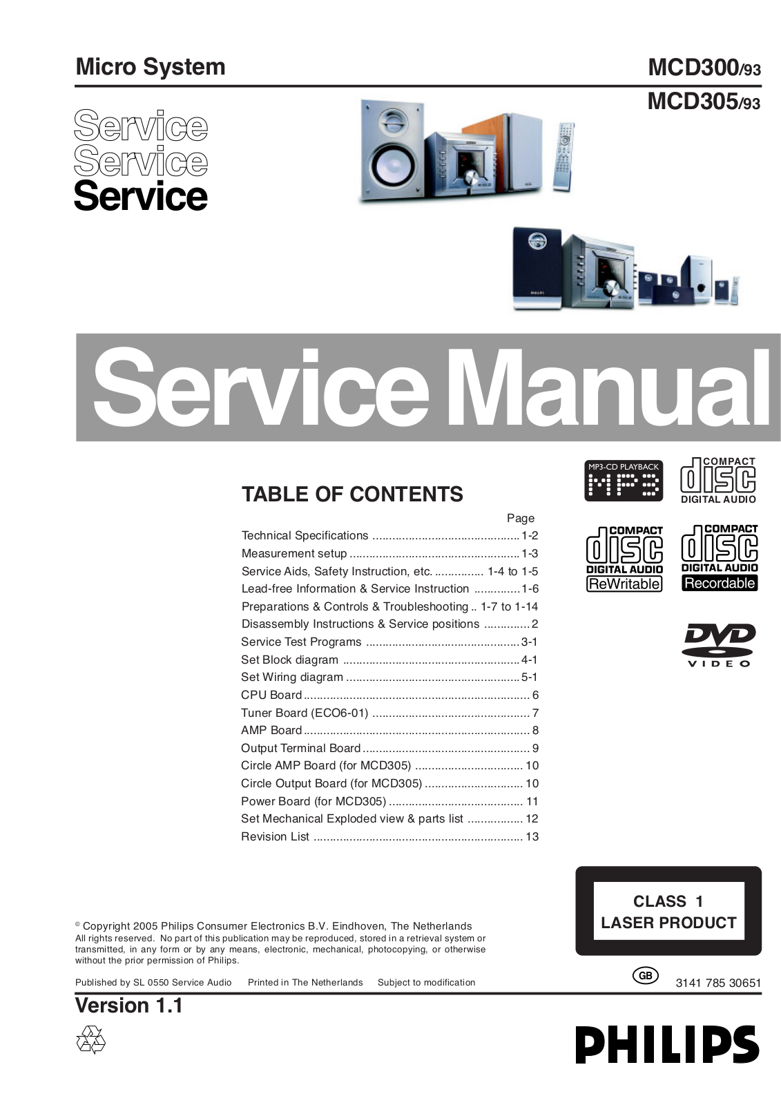 Philips MCD-305-Mk1.1, MCD-300-Mk1.1 Service Manual