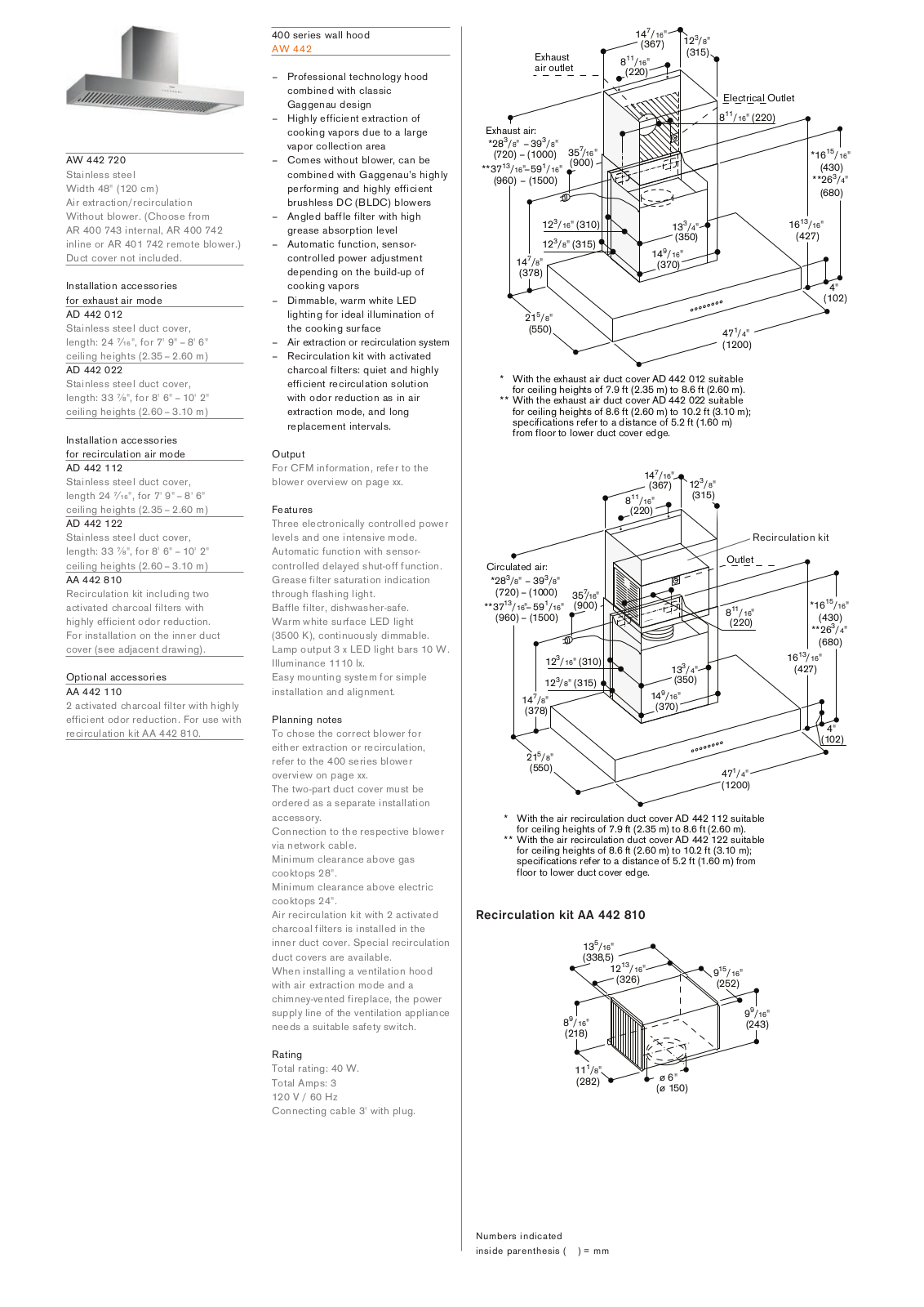 Gaggenau AW442720 Specs