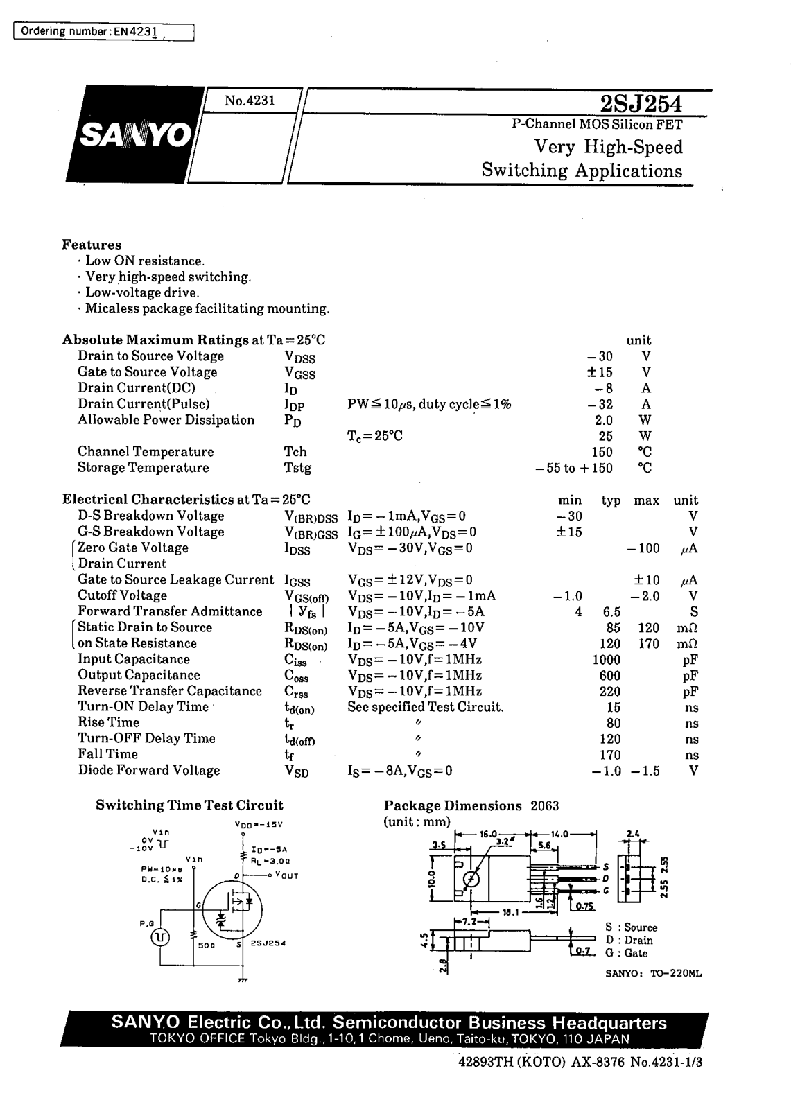 Datasheet 2SJ254 Datasheet (SANYO) - ManualMachine.com