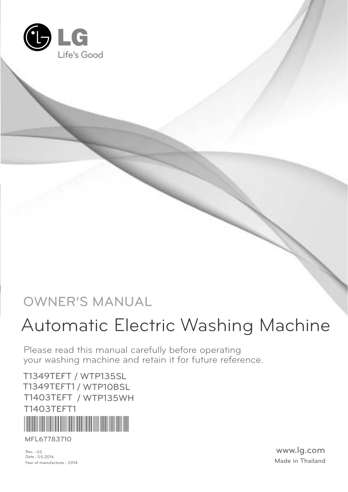 LG T1403TEFT1, WTP10BSL Owner’s Manual