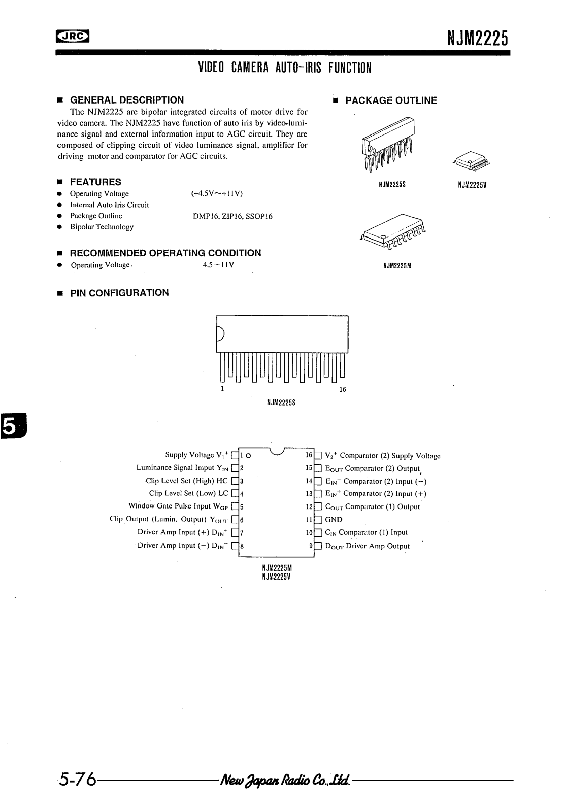 JRC NJM2225M, NJM2225V, NJM2225S Datasheet