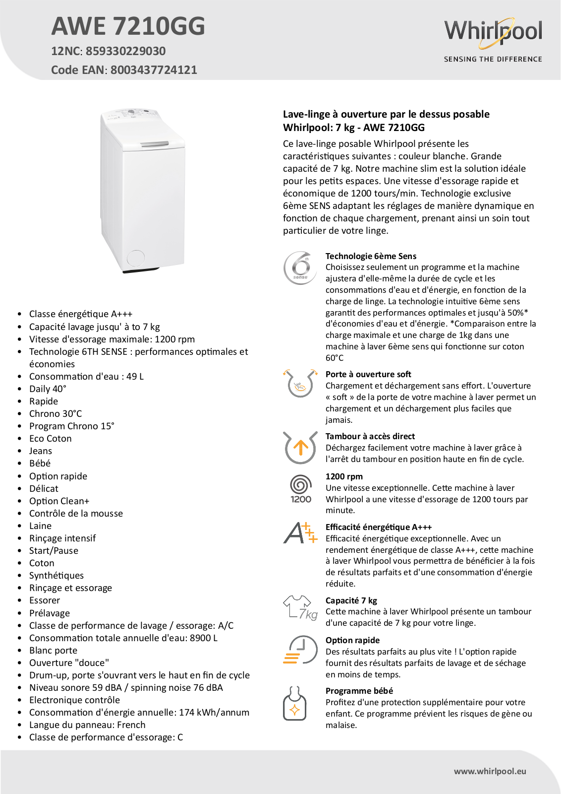 Whirlpool AWE 7210GG Product information