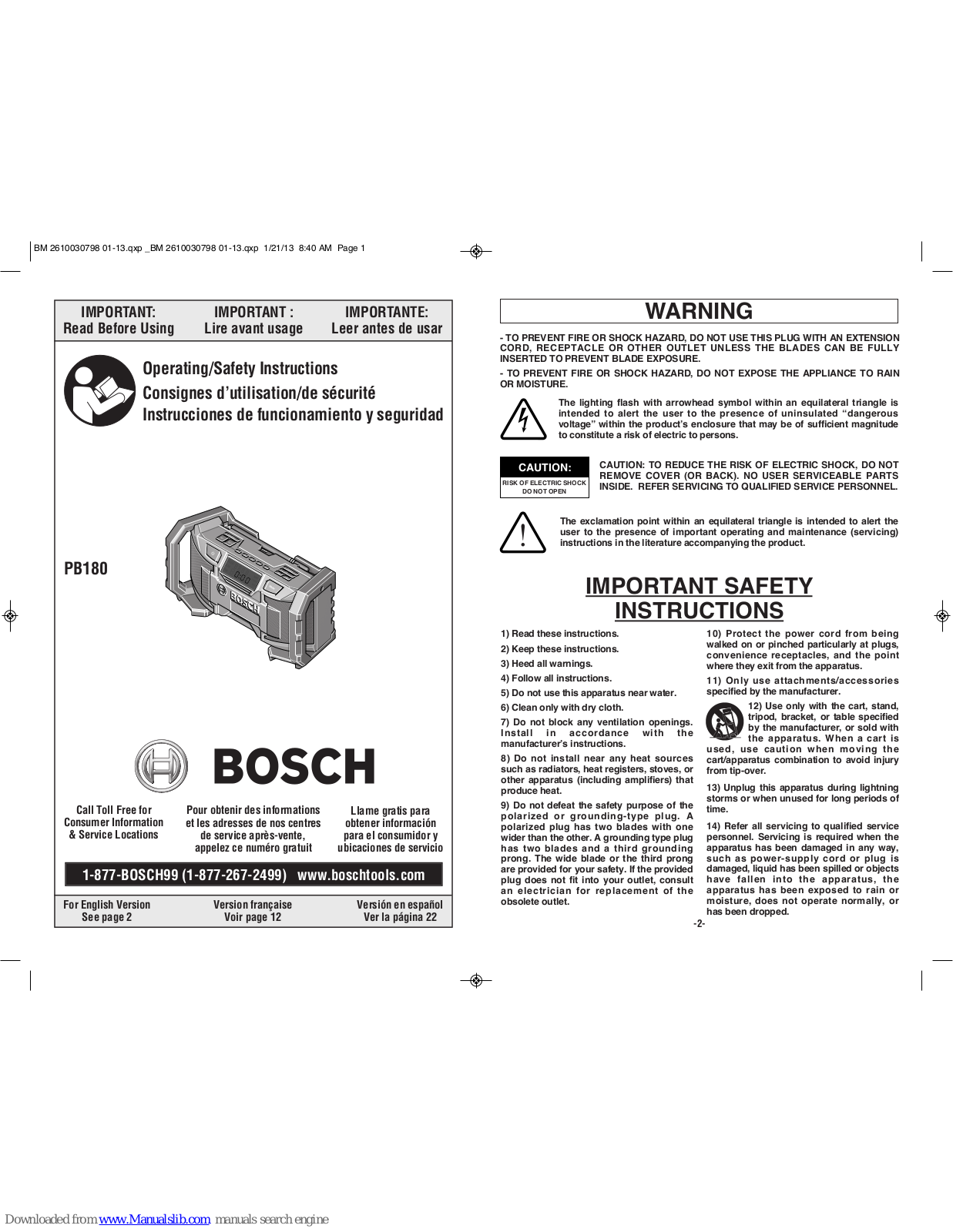 Bosch pb180 Operating/safety Instructions Manual