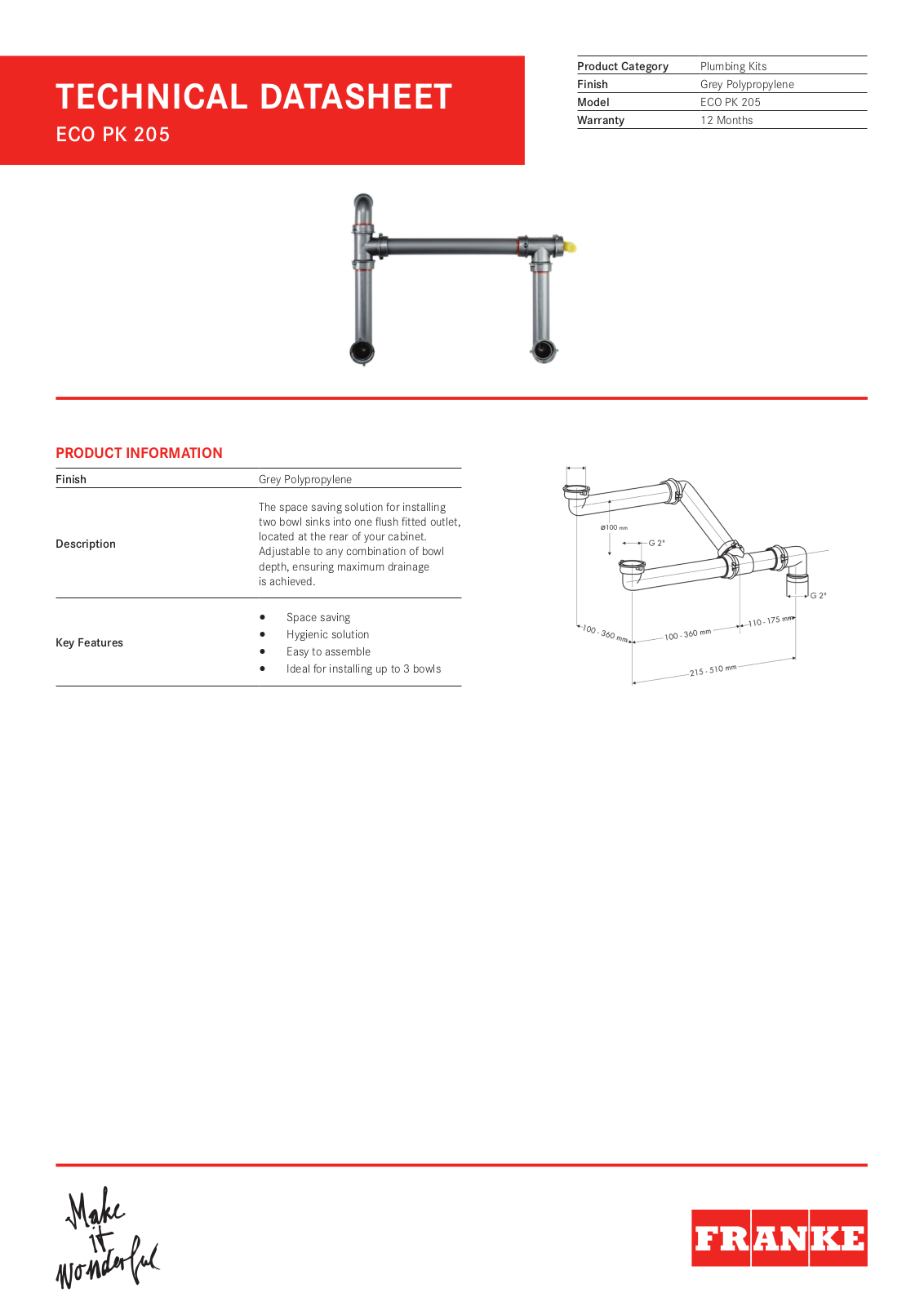 Franke PK205 Specifications Sheet