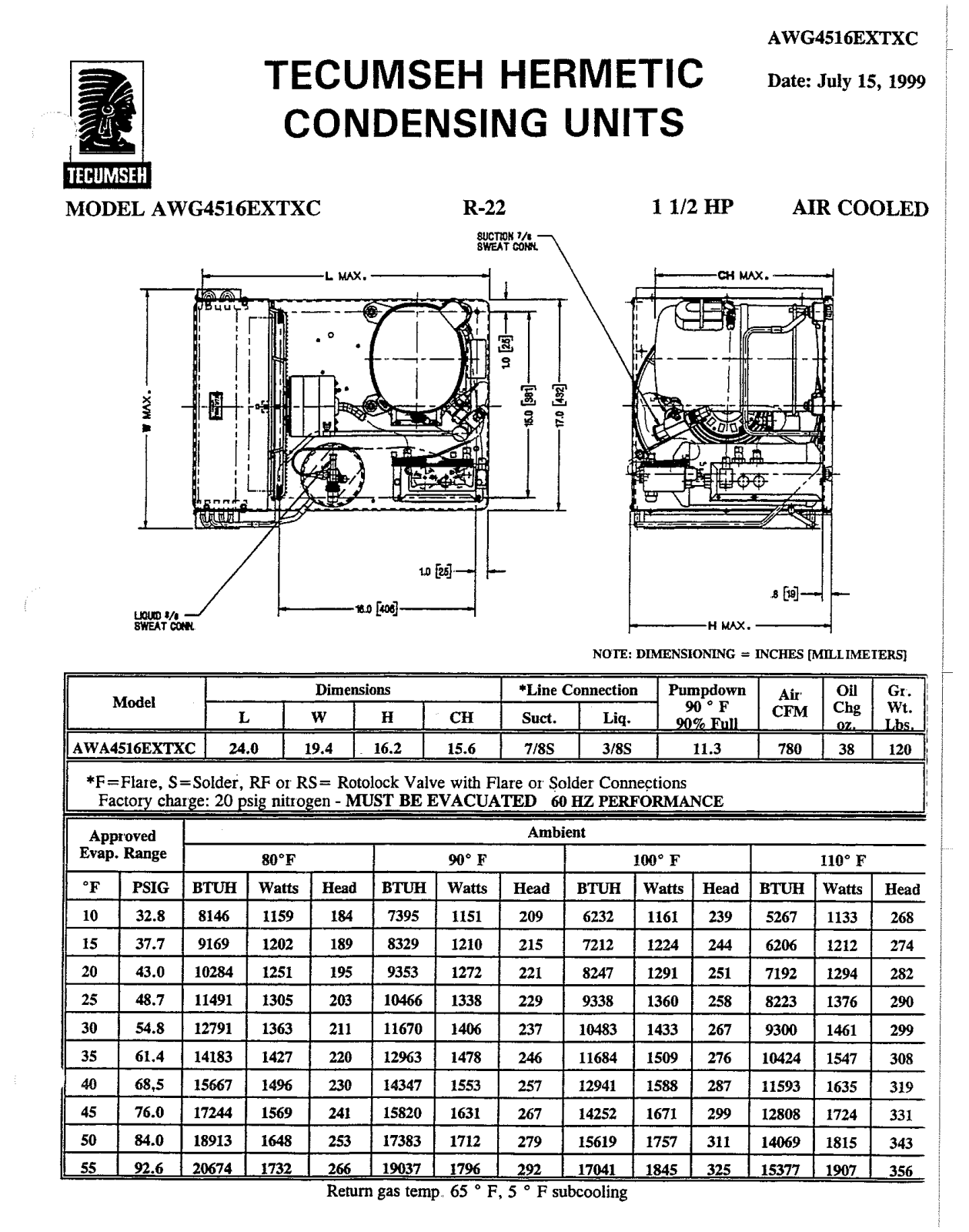 Tecumseh AWG4516EXTXC Performance Data Sheet