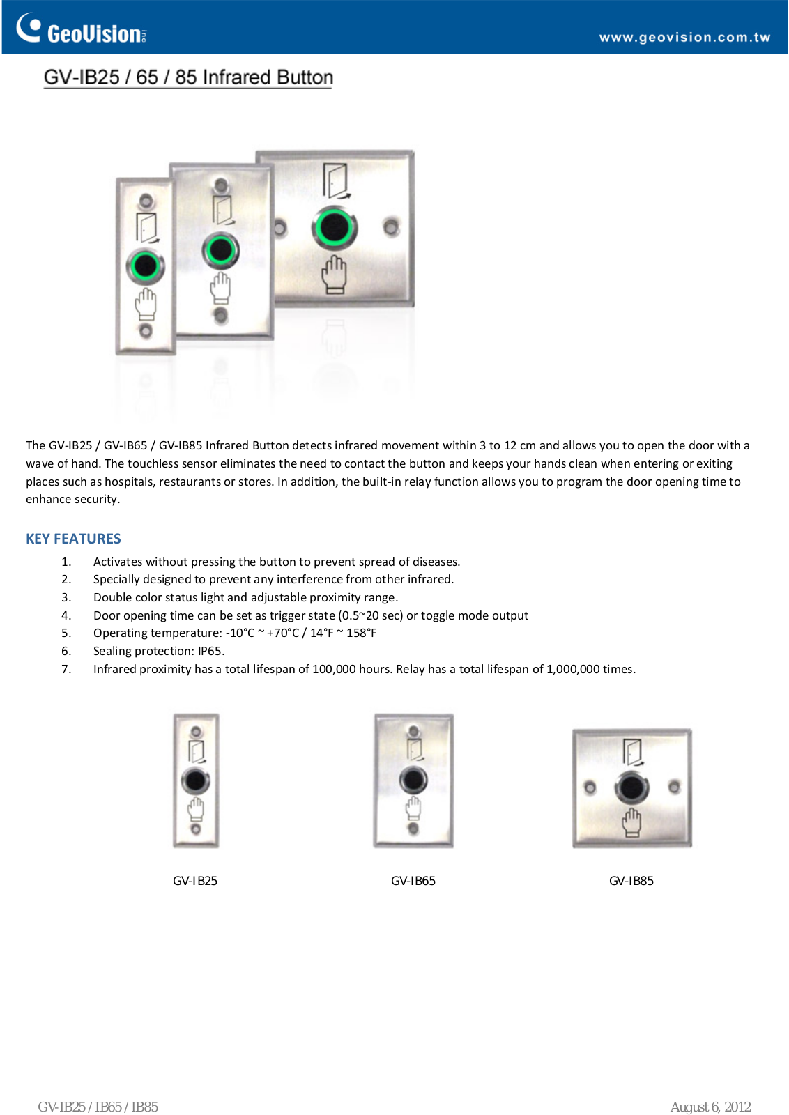 Geovision GV-IB25, GV-IB65, GV-IB85 Specsheet