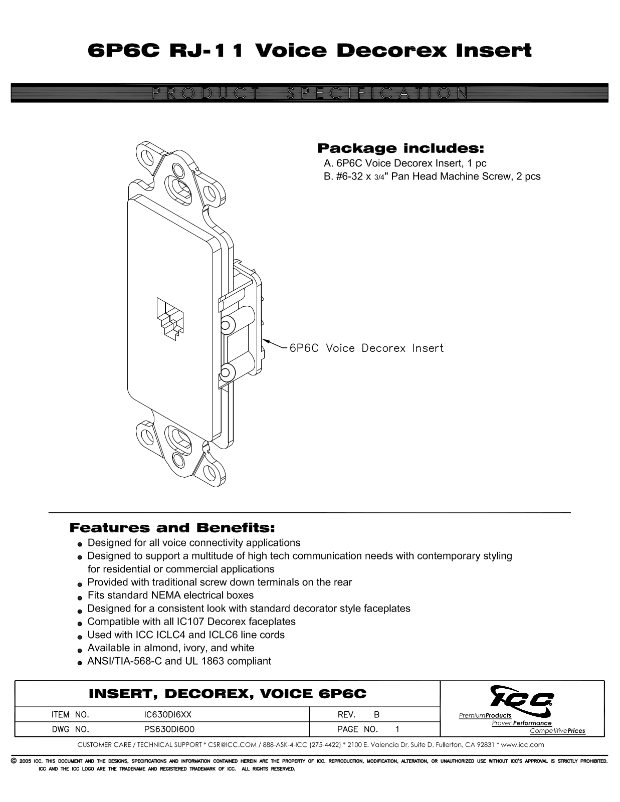 ICC IC630DI6AL, IC630DI6IV, IC630DI6WH Specsheet