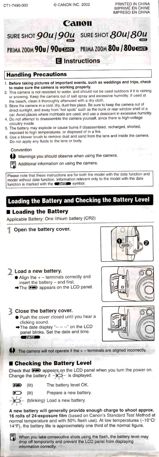 Canon Sure Shot 80u, Sure Shot 90u, Prima Zoom 80u, Prima Zoom 90u Owner's Manual