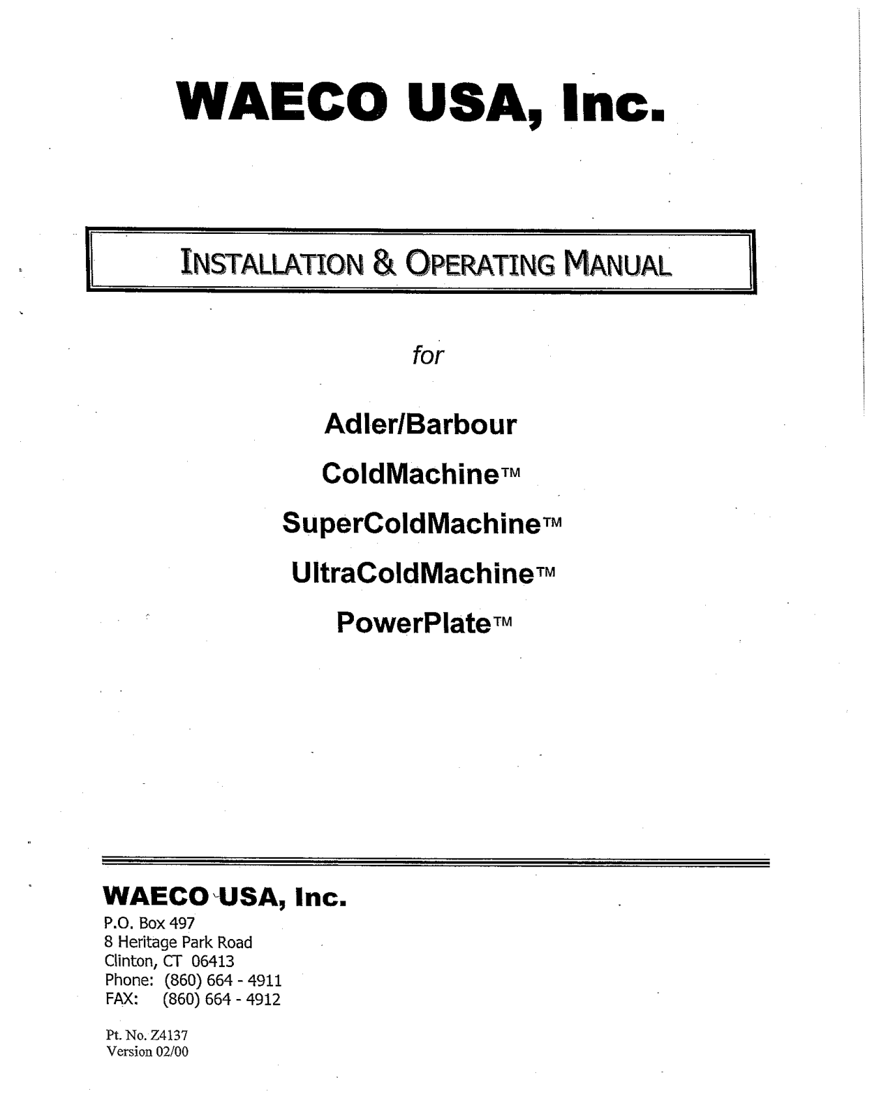 Adler Barbour ColdMachine, SuperCold Machine, UltraCold Machine, PowerPlate User guide - ManualMachine.com