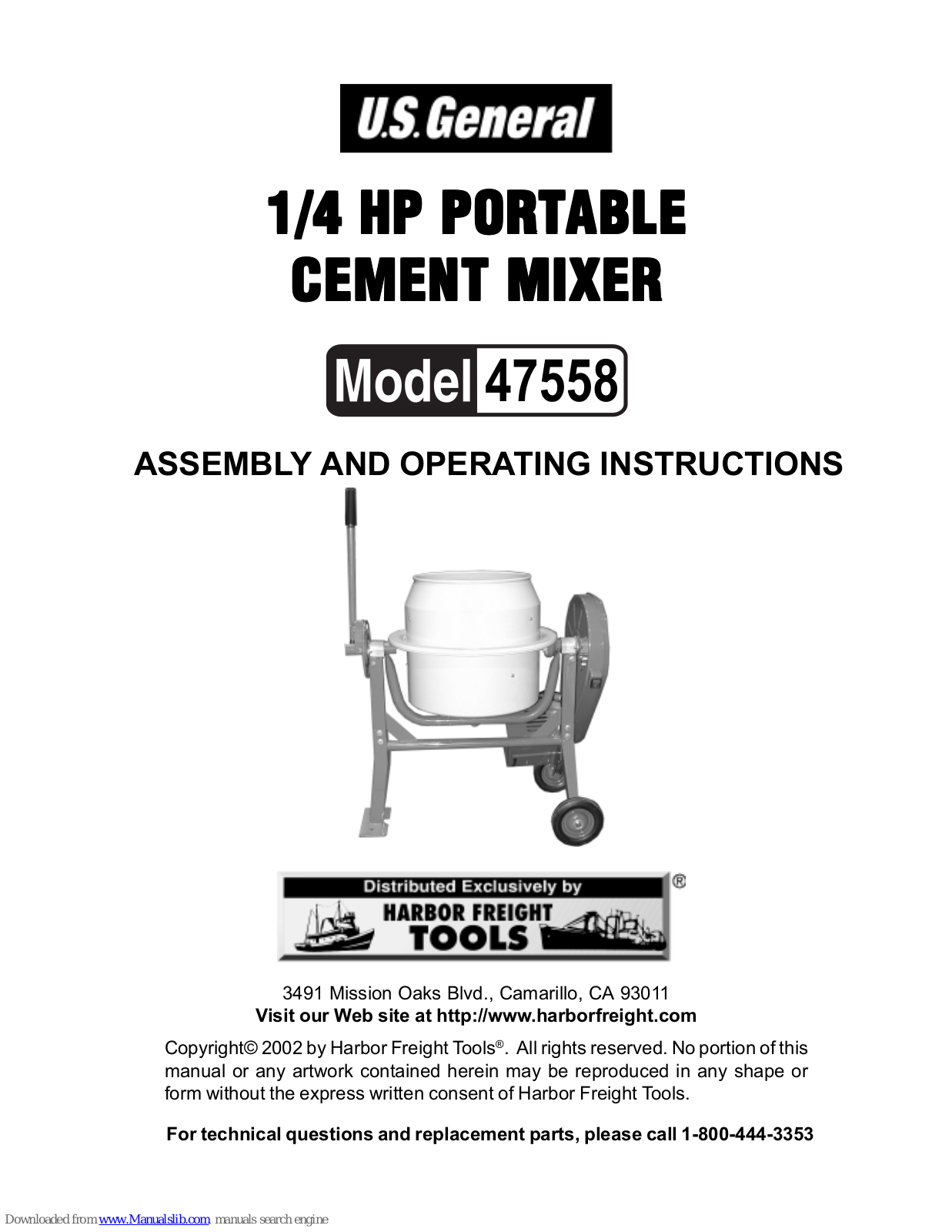 U.S. General 47558 Assembly And Operating Instructions Manual