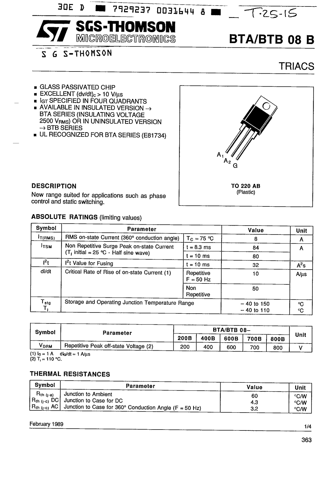 SGS Thomson Microelectronics BTB08-400B, BTB08-200B, BTB08-700B, BTA08-700B, BTA08-400B Datasheet