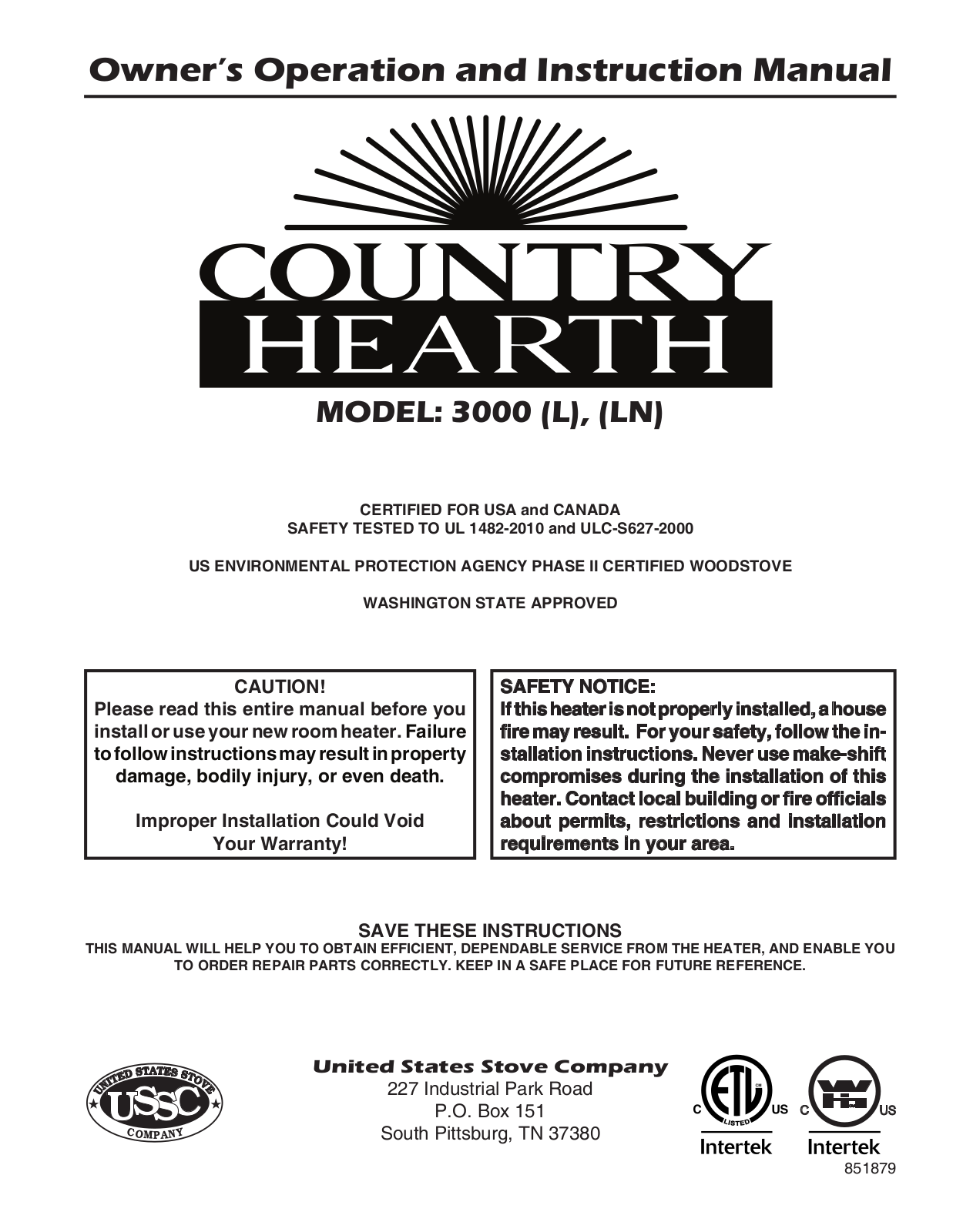 United States Stove 3000L User Manual