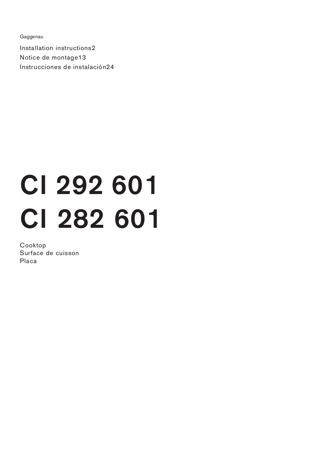 Gaggenau CI 292 601, CI 282 601 Installation Guide