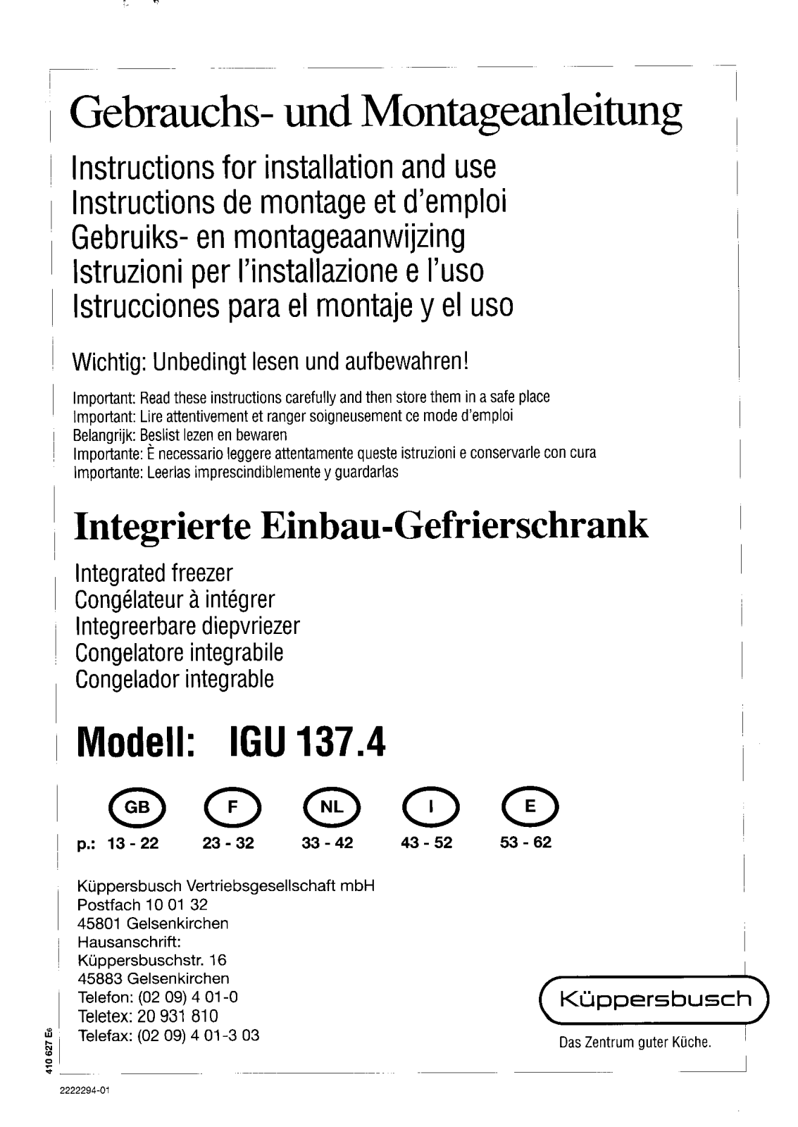 Zanker IGU 137.4 INSTRUCTION BOOK