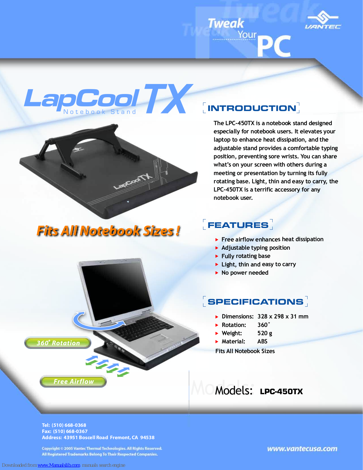Vantec LapCoolTX LPC-450TX, LapCool TX Specifications - ManualMachine.com