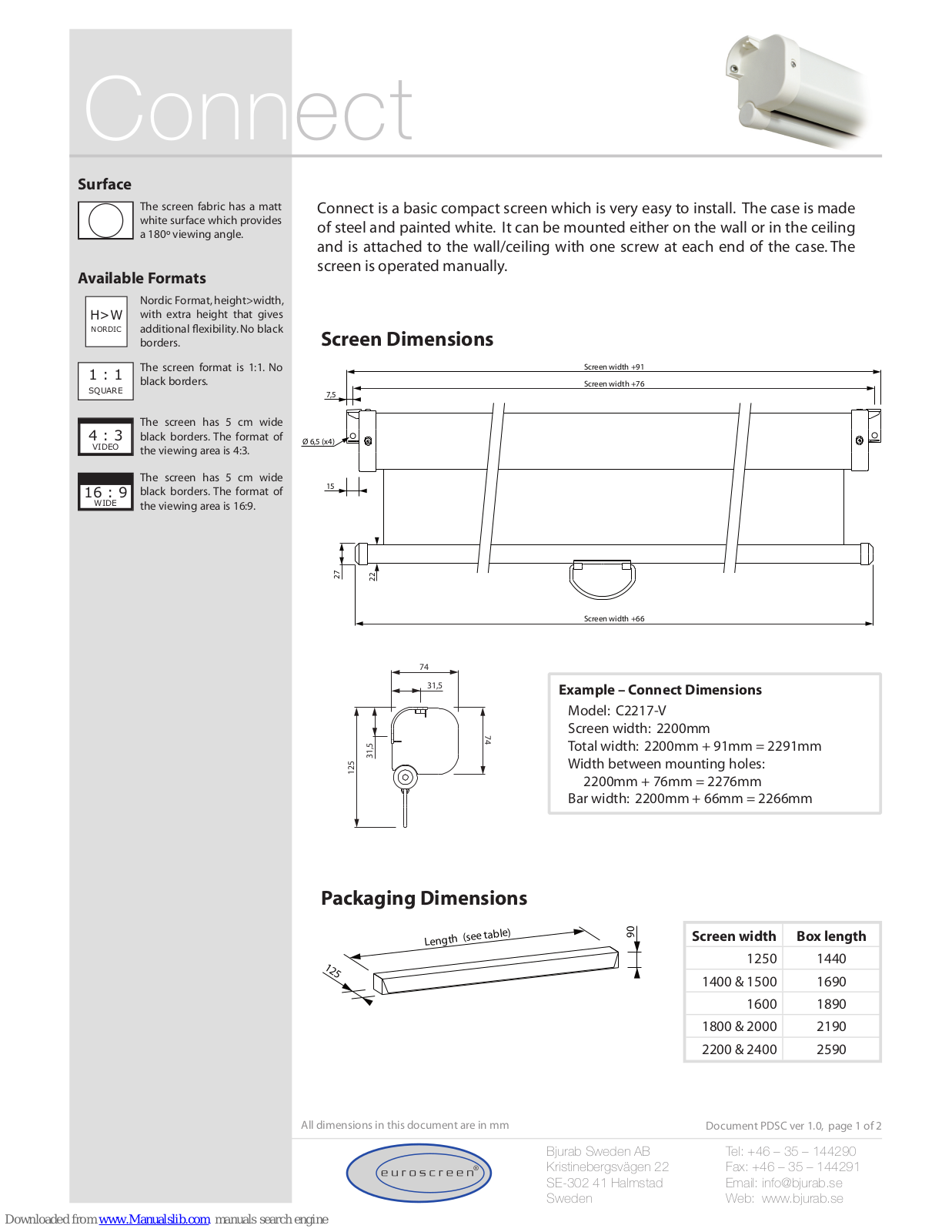 Euroscreen C1820, C1420, C1620, C180, C200 Dimension Manual