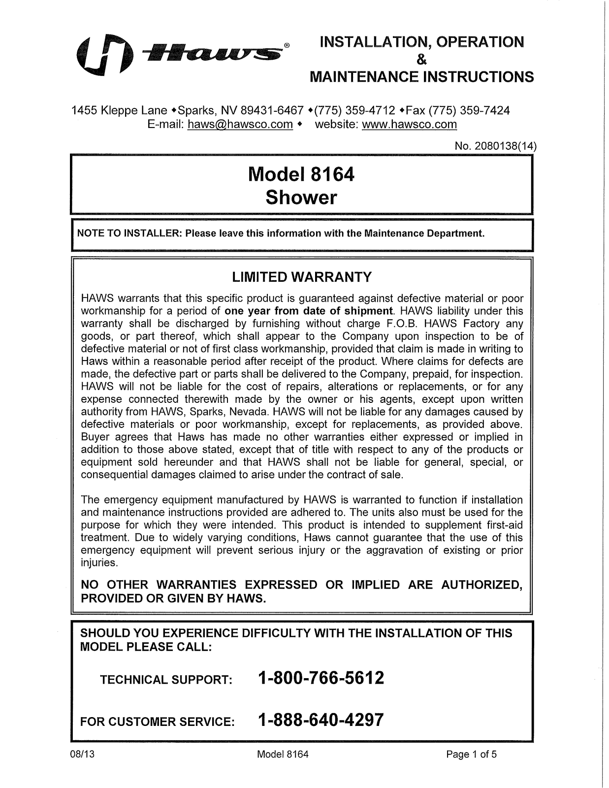 Haws 8164 User Manual