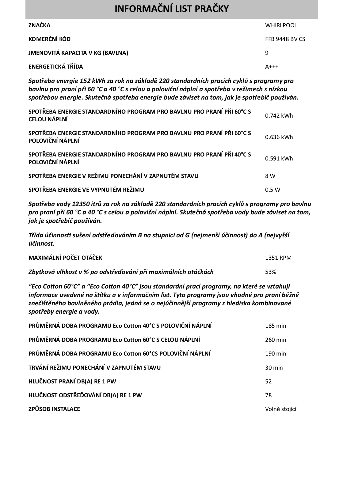 Whirlpool FreshCare+ FFB 9448 BV CS User Manual