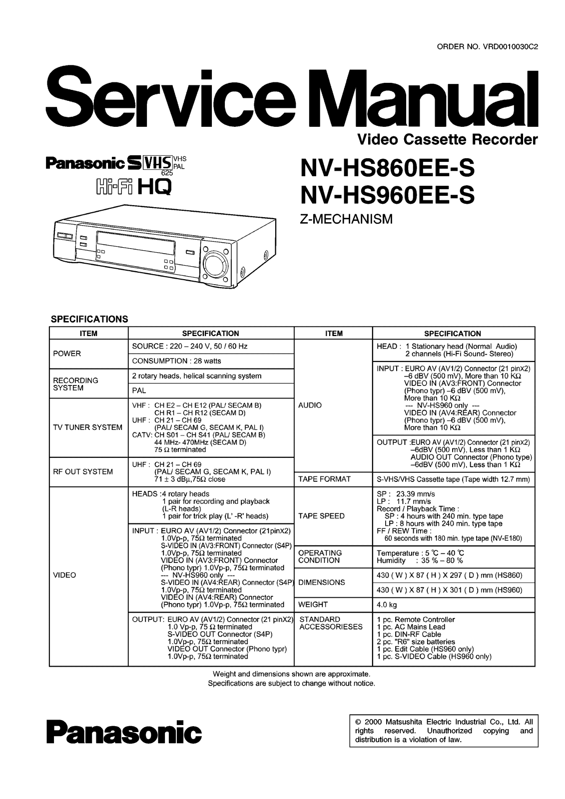 PANASONIC NV-HS860, NV-HS 960 Service Manual