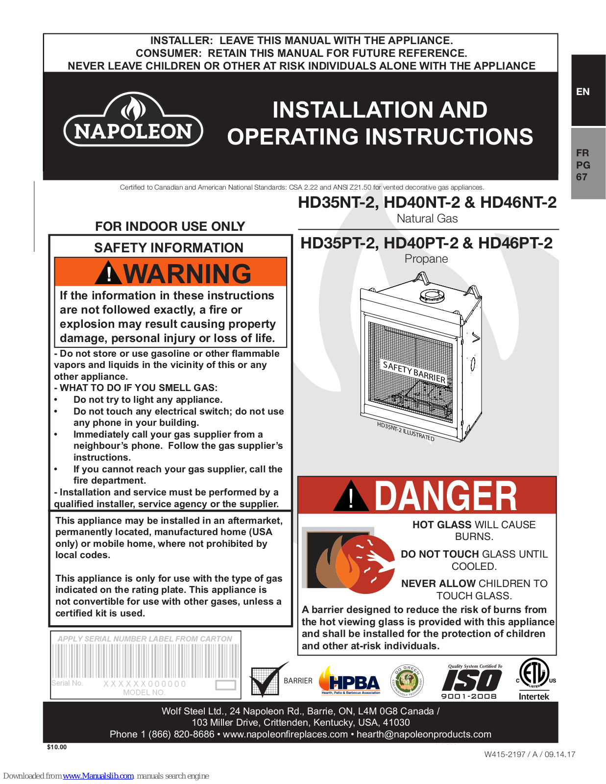 Napoleon HD35NT-2, HD46PT-2, HD40NT-2, HD40PT-2, HD46NT-2 Installation And Operating Instructions Manual