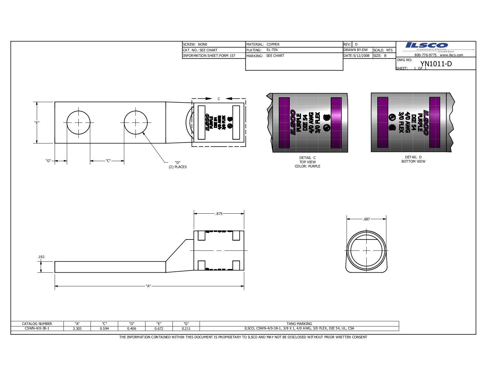 Ilsco CSWN-4/0-38-1 Data sheet