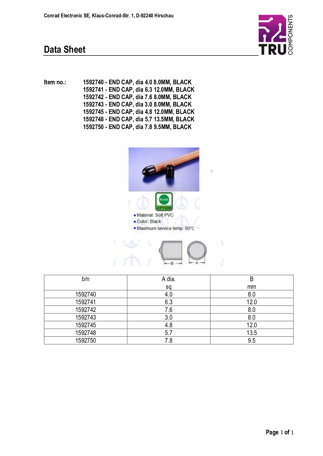 TRU COMPONENTS 1592740, 1592741, 1592742, 1592743, 1592745 Data Sheet