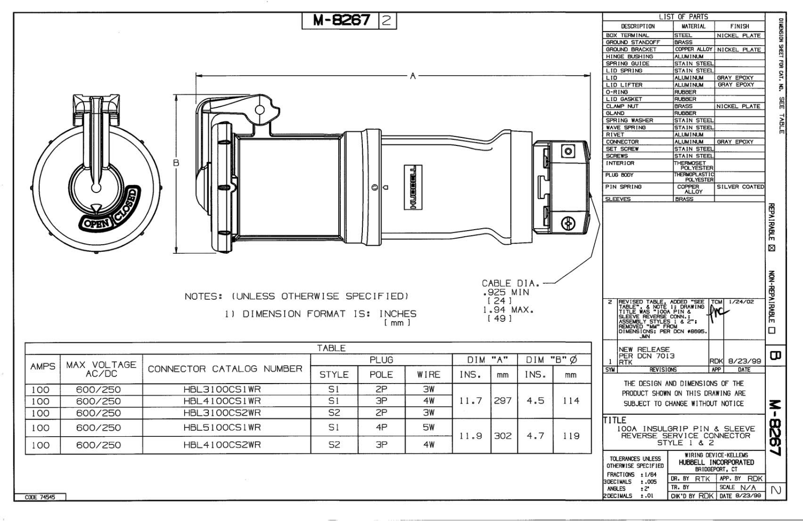 Hubbell HBL3100CS1WR Reference Drawing