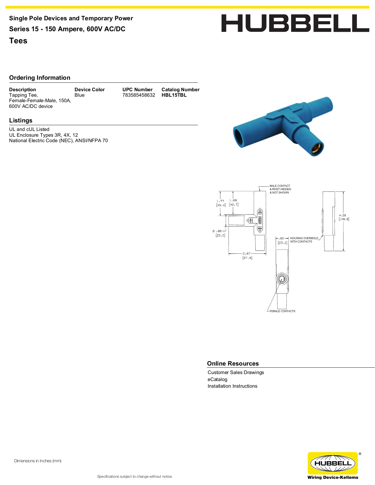 Hubbell HBL15TBL Specifications