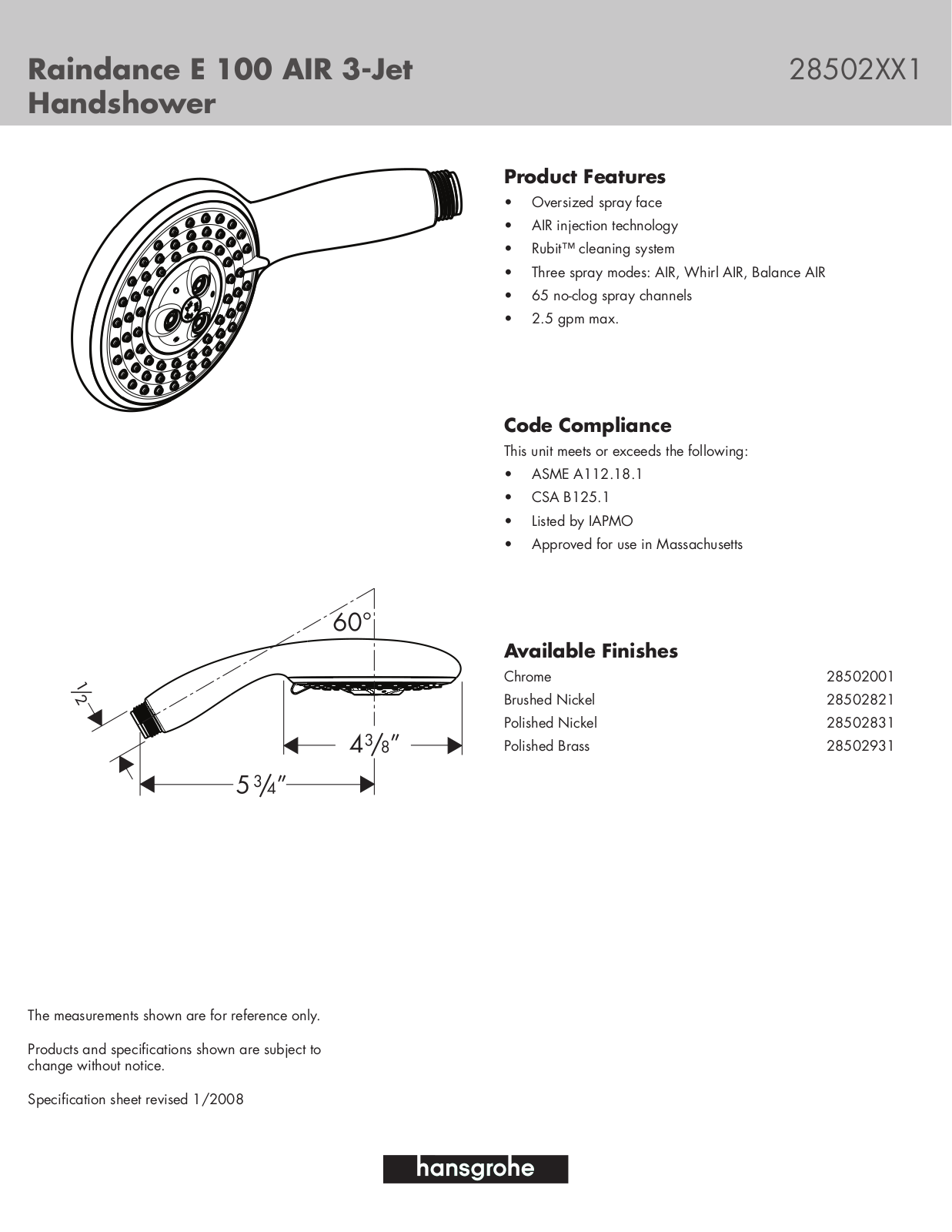 Hans Grohe 28502001, 28502831, 28502821, 28502931 User Manual