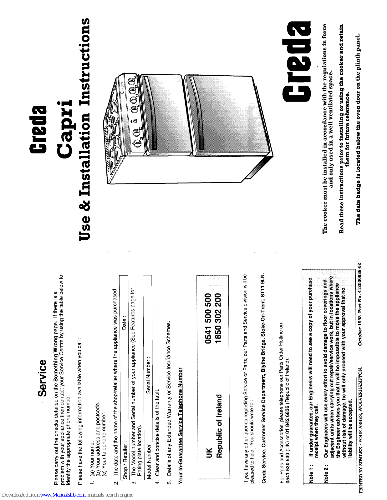 Creda HB41204, Capri 41202, Capri 41203, Capri 41204, Capri 41205 Use & Installation Instructions Manual