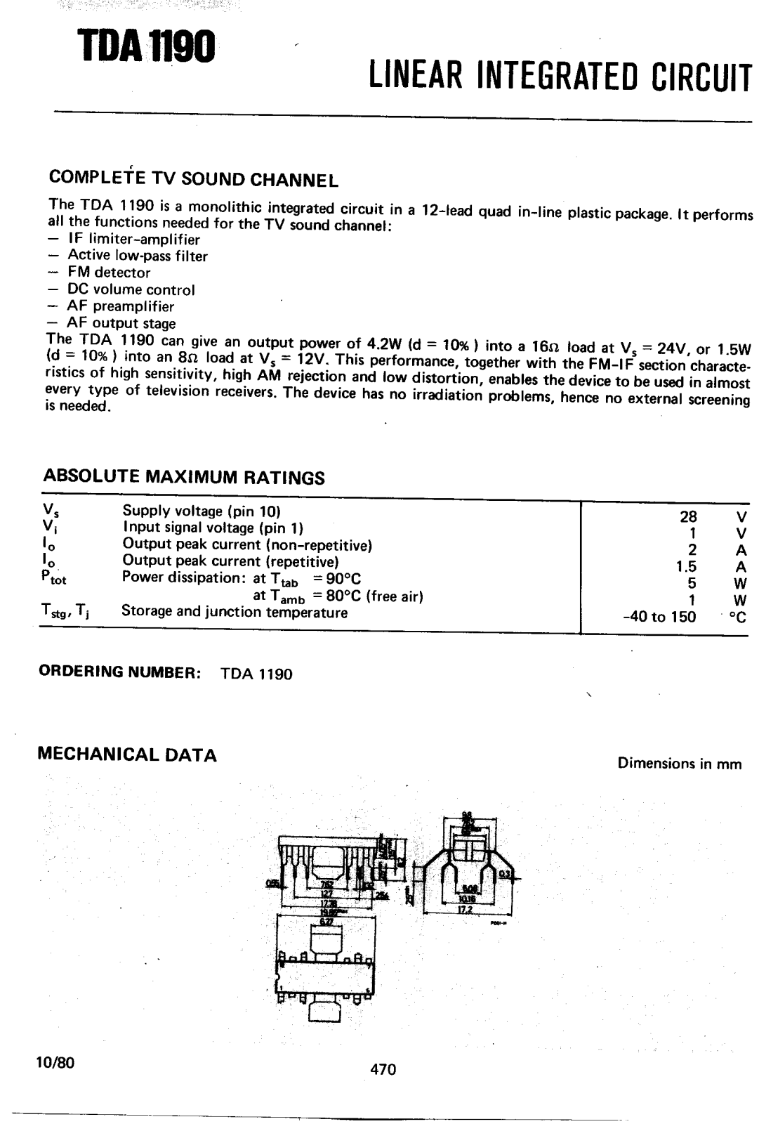 Datasheet TDA1190Z Specification - ManualMachine.com