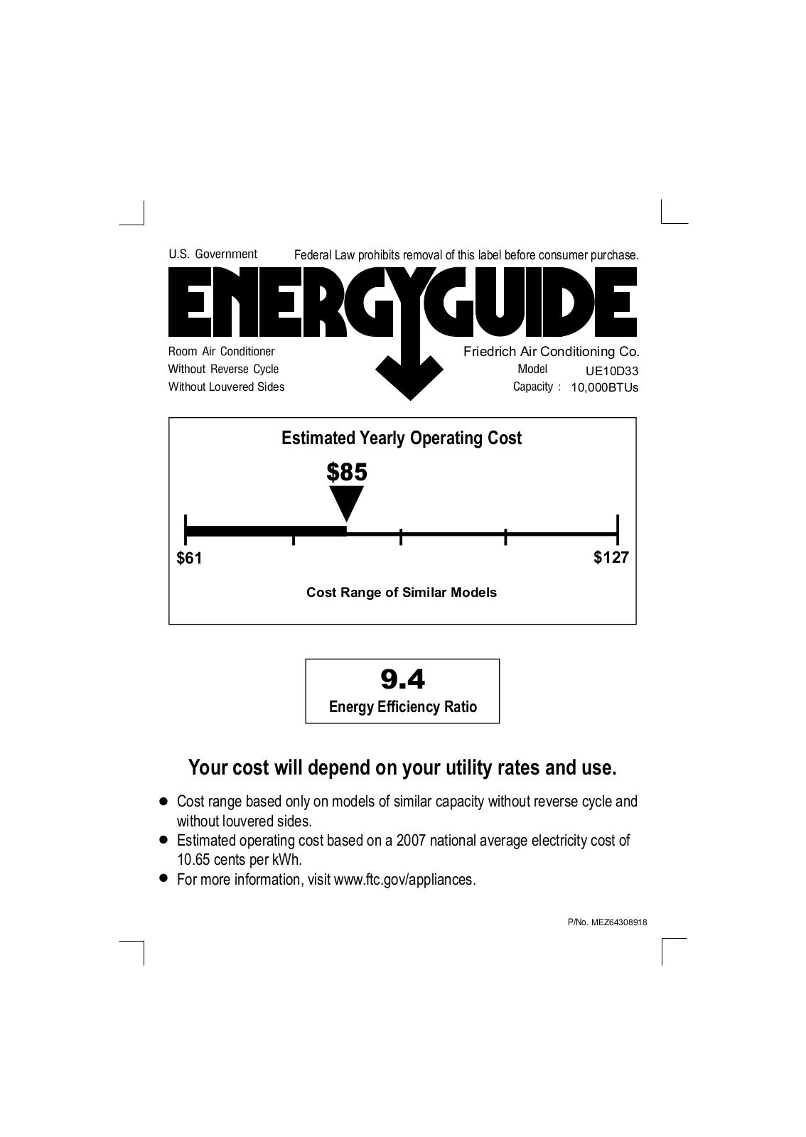 Friedrich UE10D33 Energy Guide