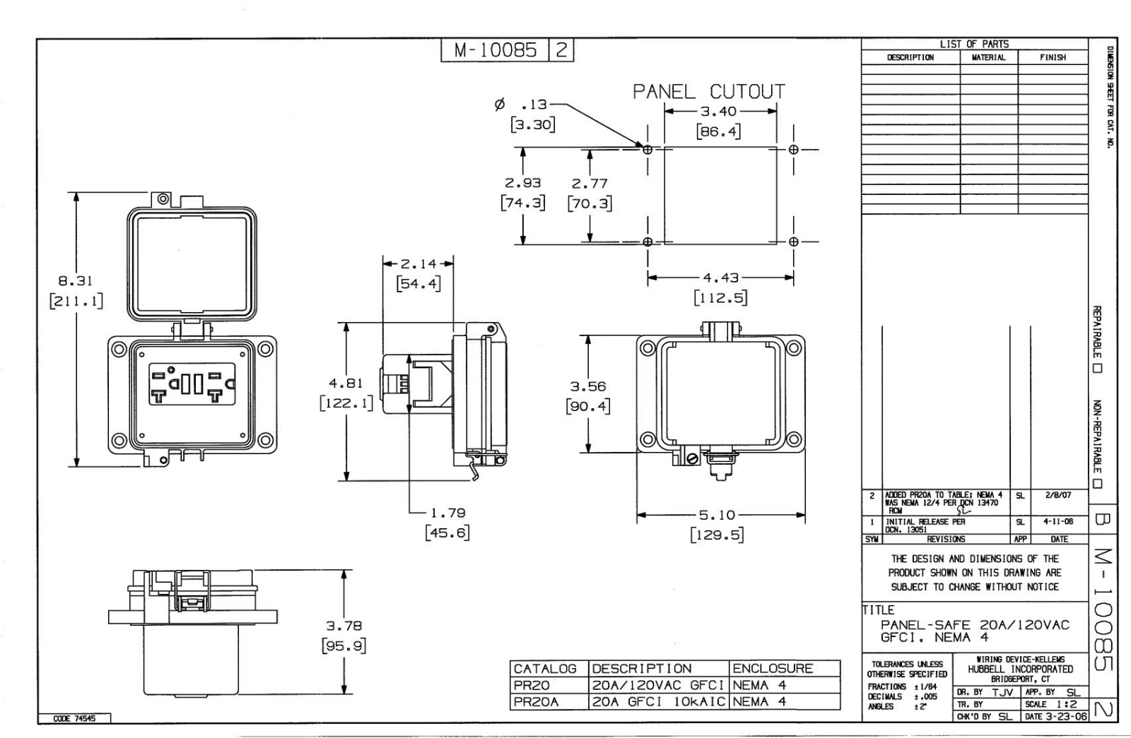 Hubbell PR20 Reference Drawing