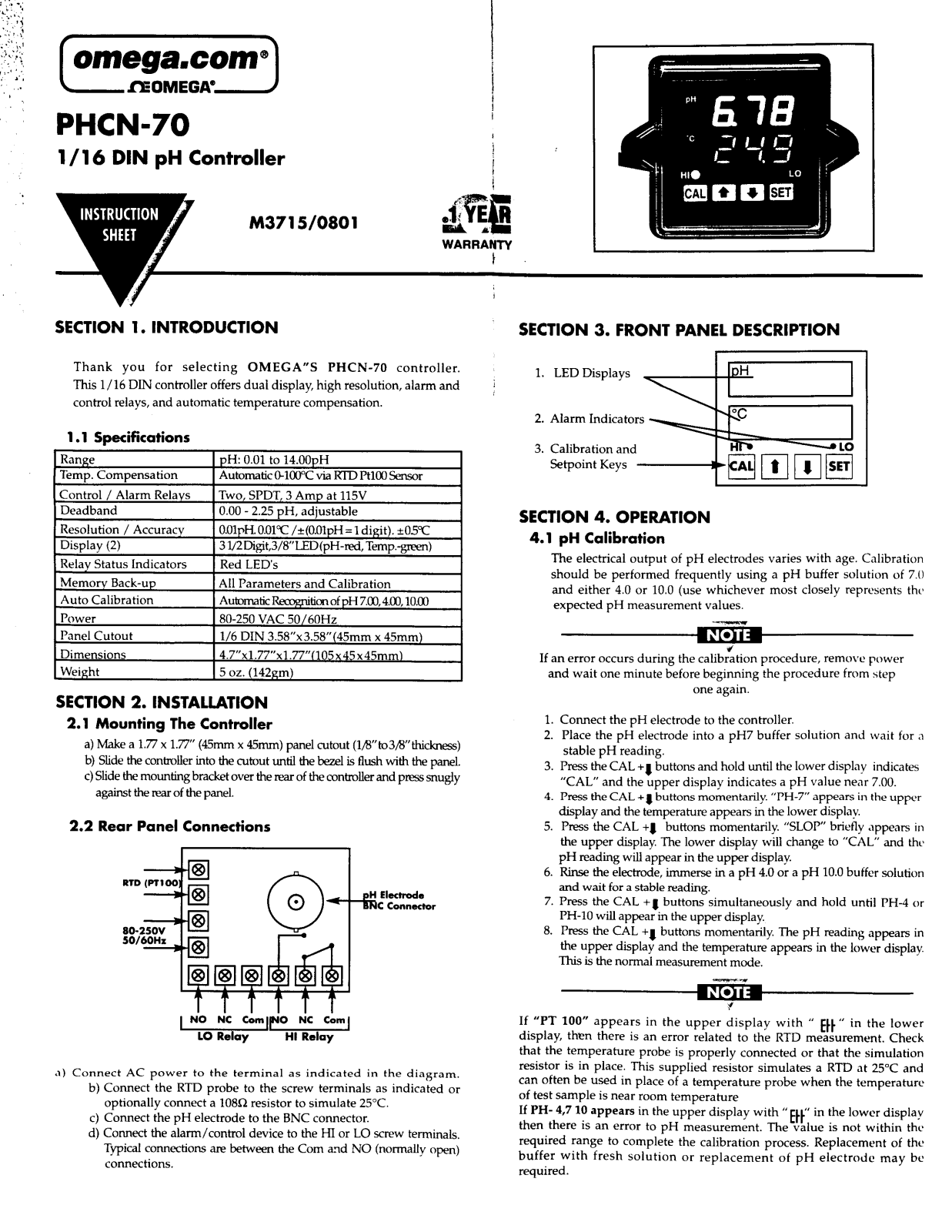 Omega Products PHCN-70 Installation  Manual