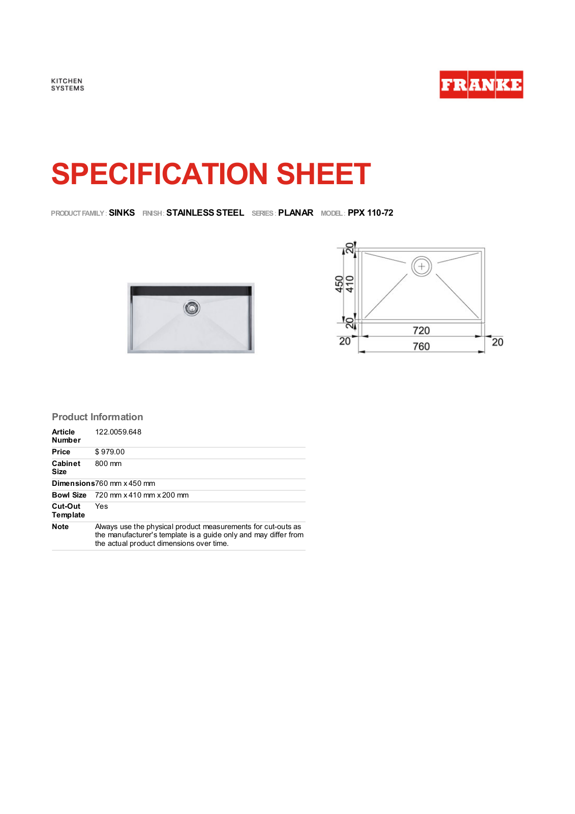 Franke Foodservice PPX 110-72 User Manual