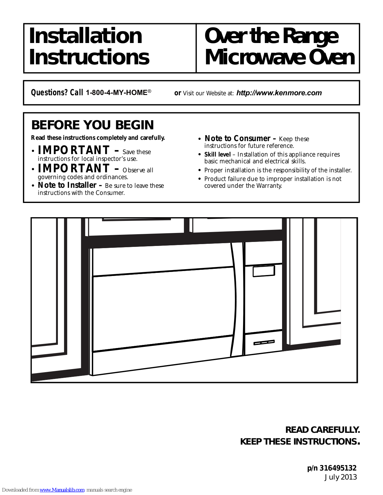 Kenmore Over the Range Microwave Oven Installation Instructions Manual