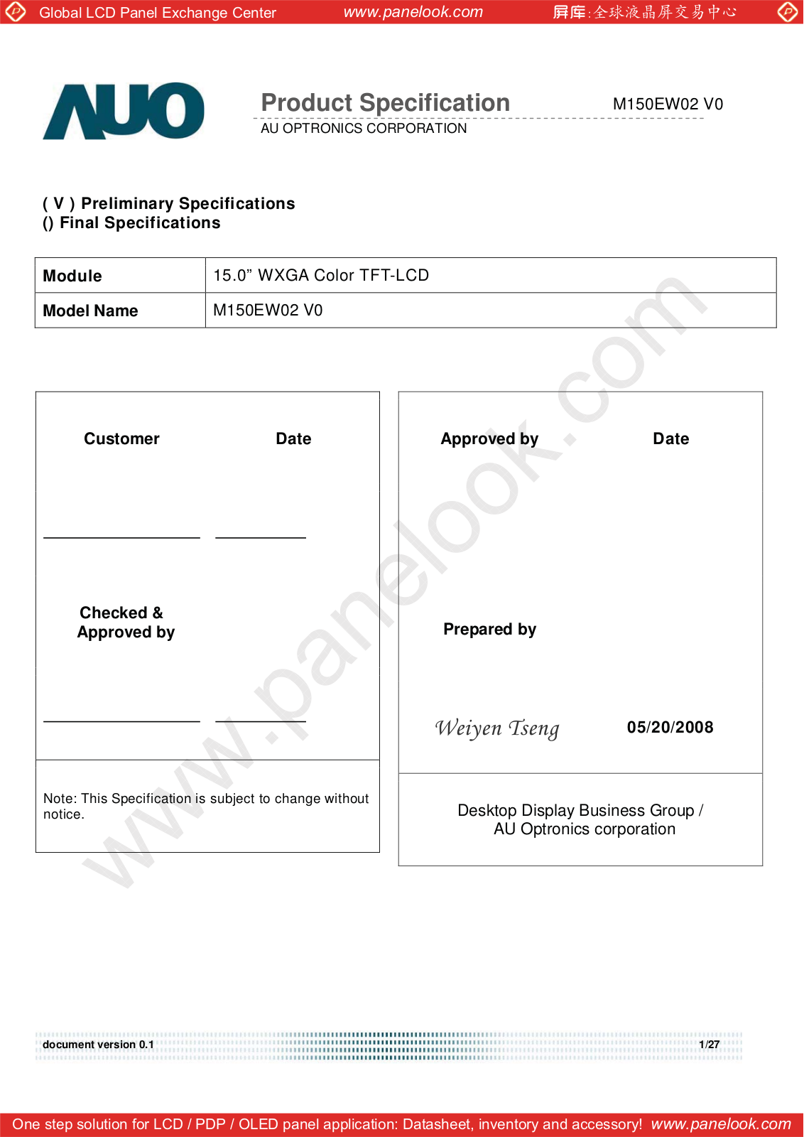 AUO M150EW02 V0 Specification