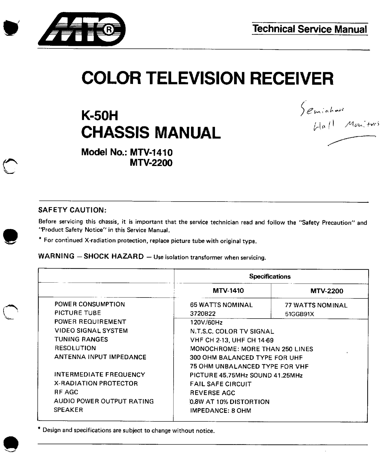 MTC MTV-1410, MTV-2200 Schematic