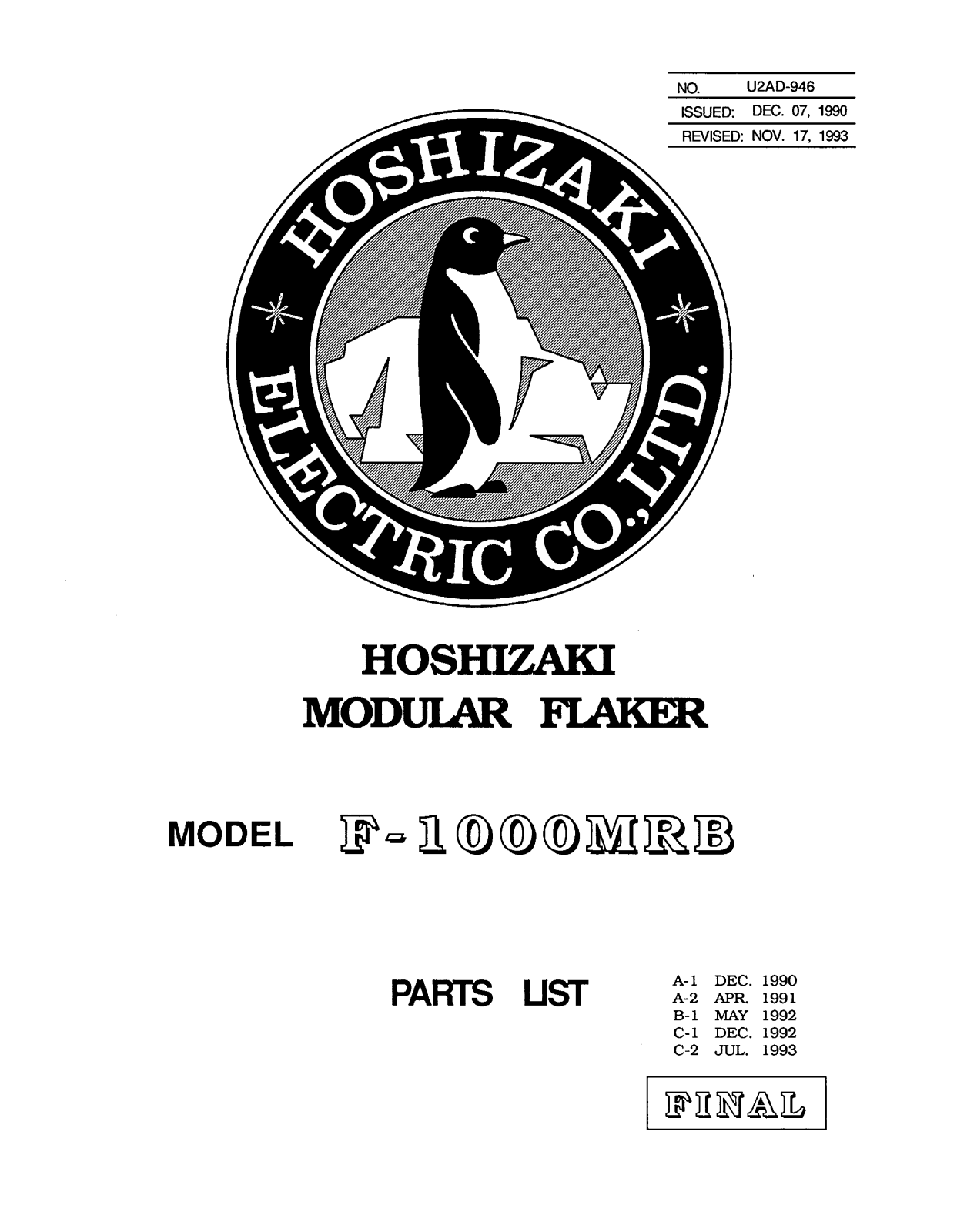 Hoshizaki F-1000MRB Parts Manual