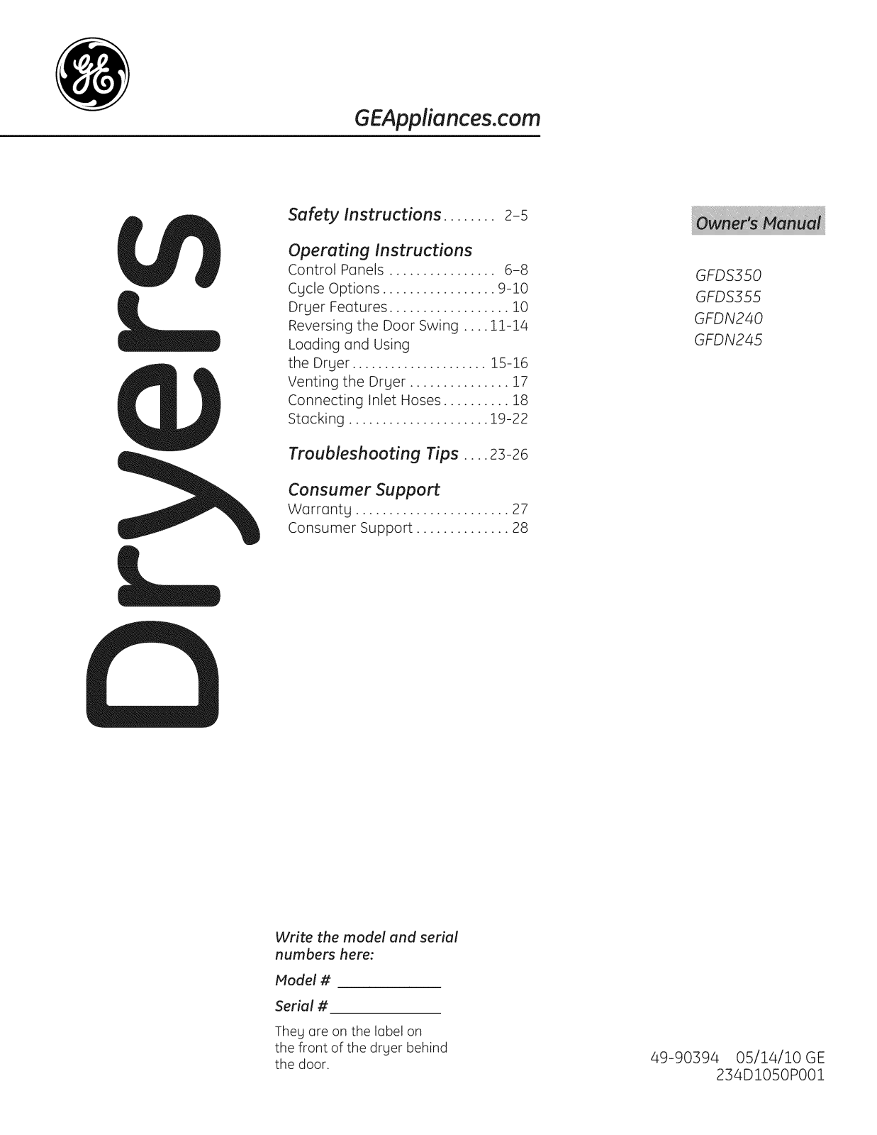 GE GFDS355GL1MV, GFDS355GL1MS, GFDS355GL0MV, GFDS355GL0MS, GFDS355GL0MG Owner’s Manual