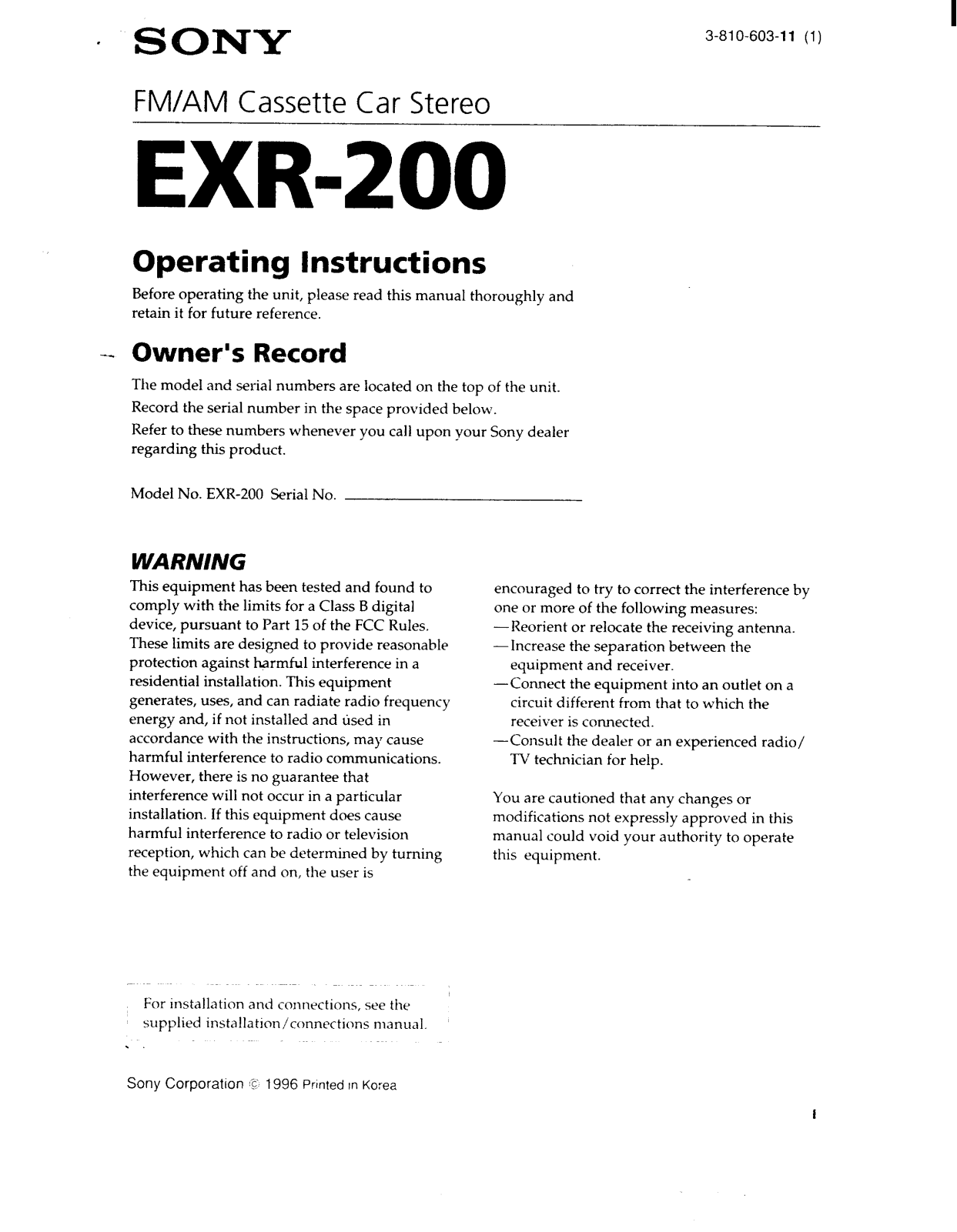 Sony EXR-200 Operating Manual