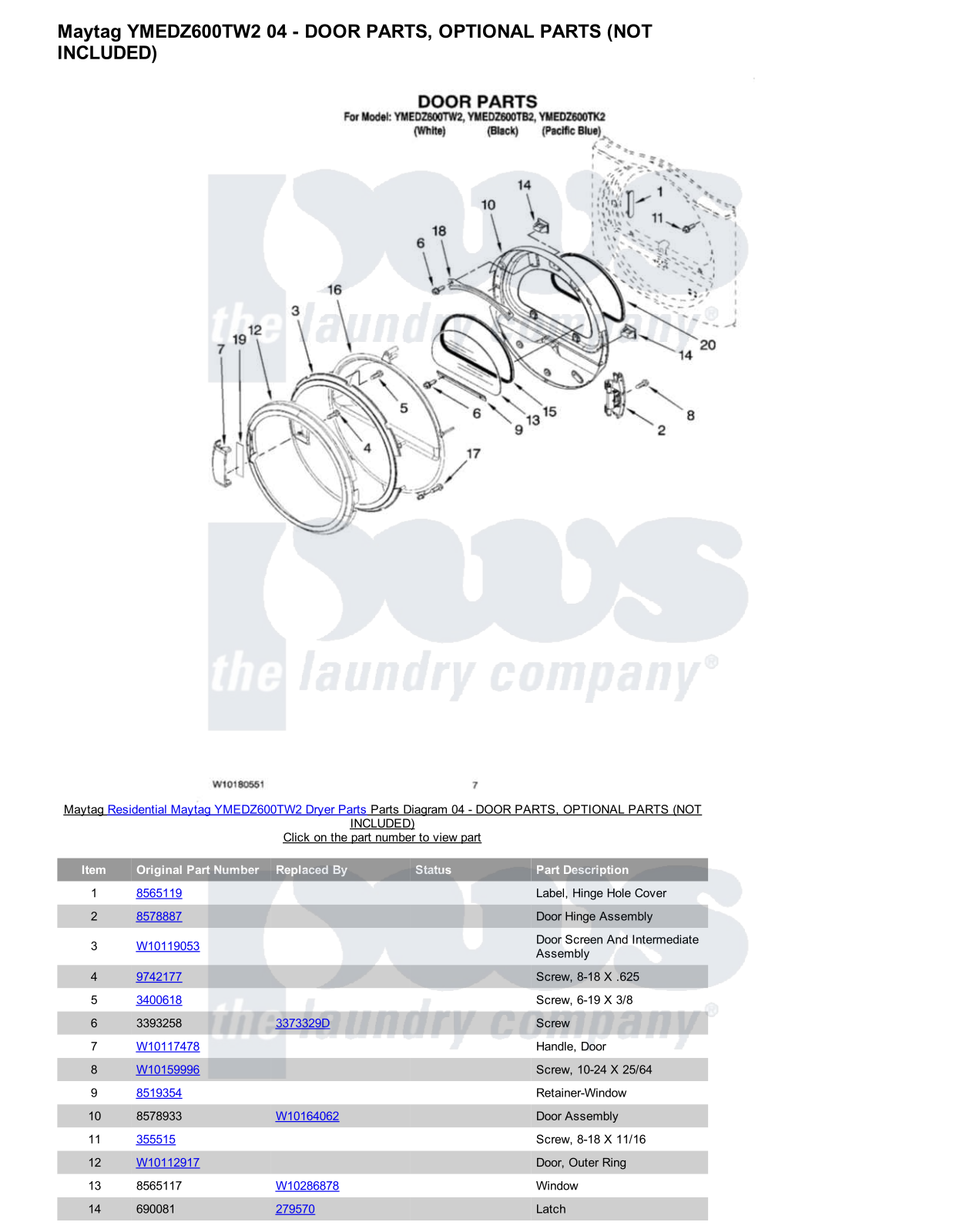 Maytag YMEDZ600TW2 Parts Diagram